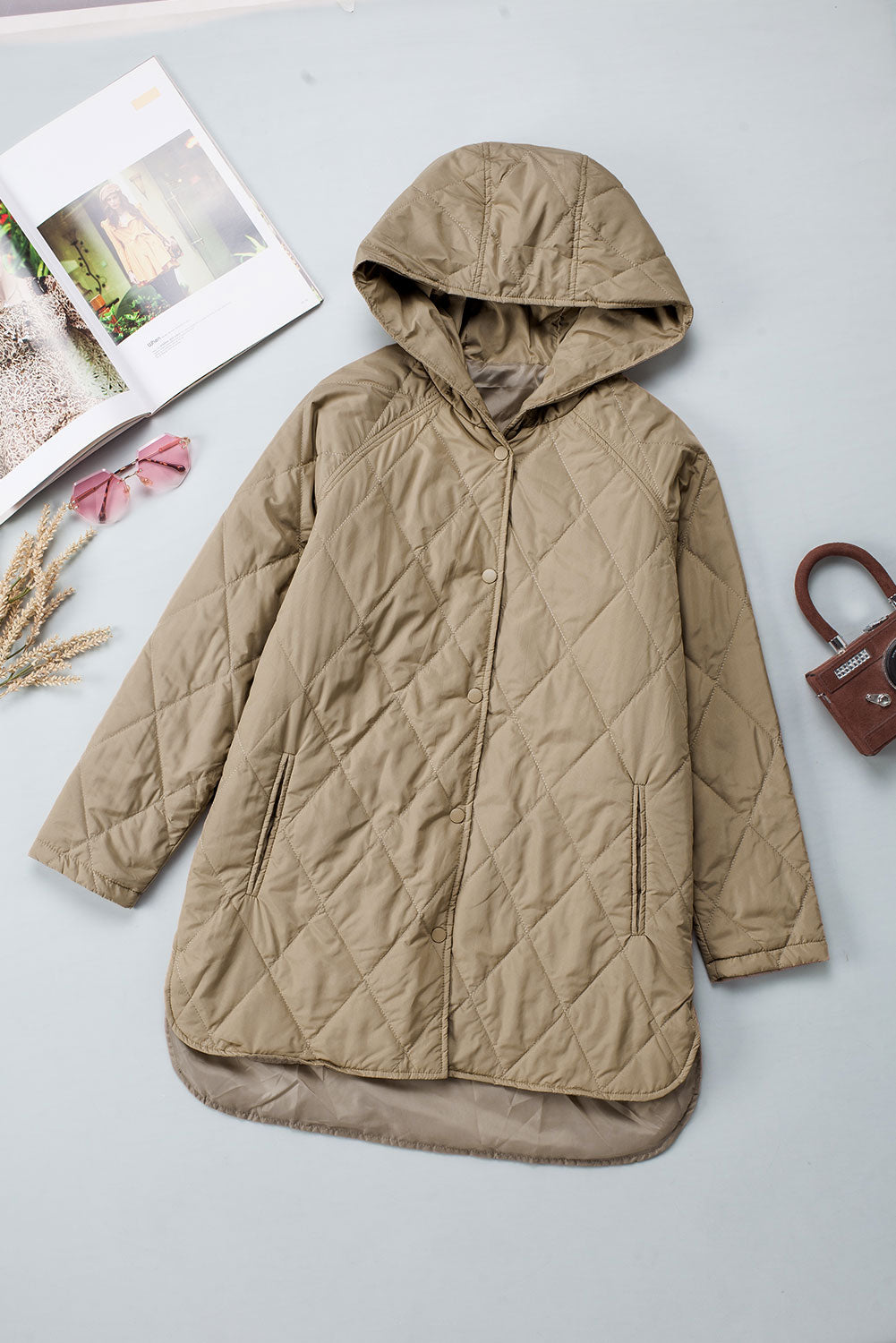 Beige Quilted Snap Button Hooded Coat
