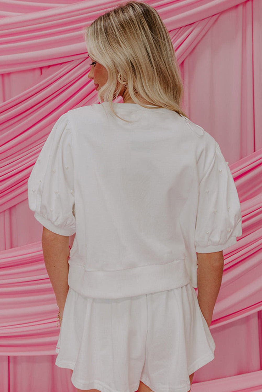 Pink Contrast Bow Trim Pearl Puff Sleeve Blouse and Skort 2pcs Set