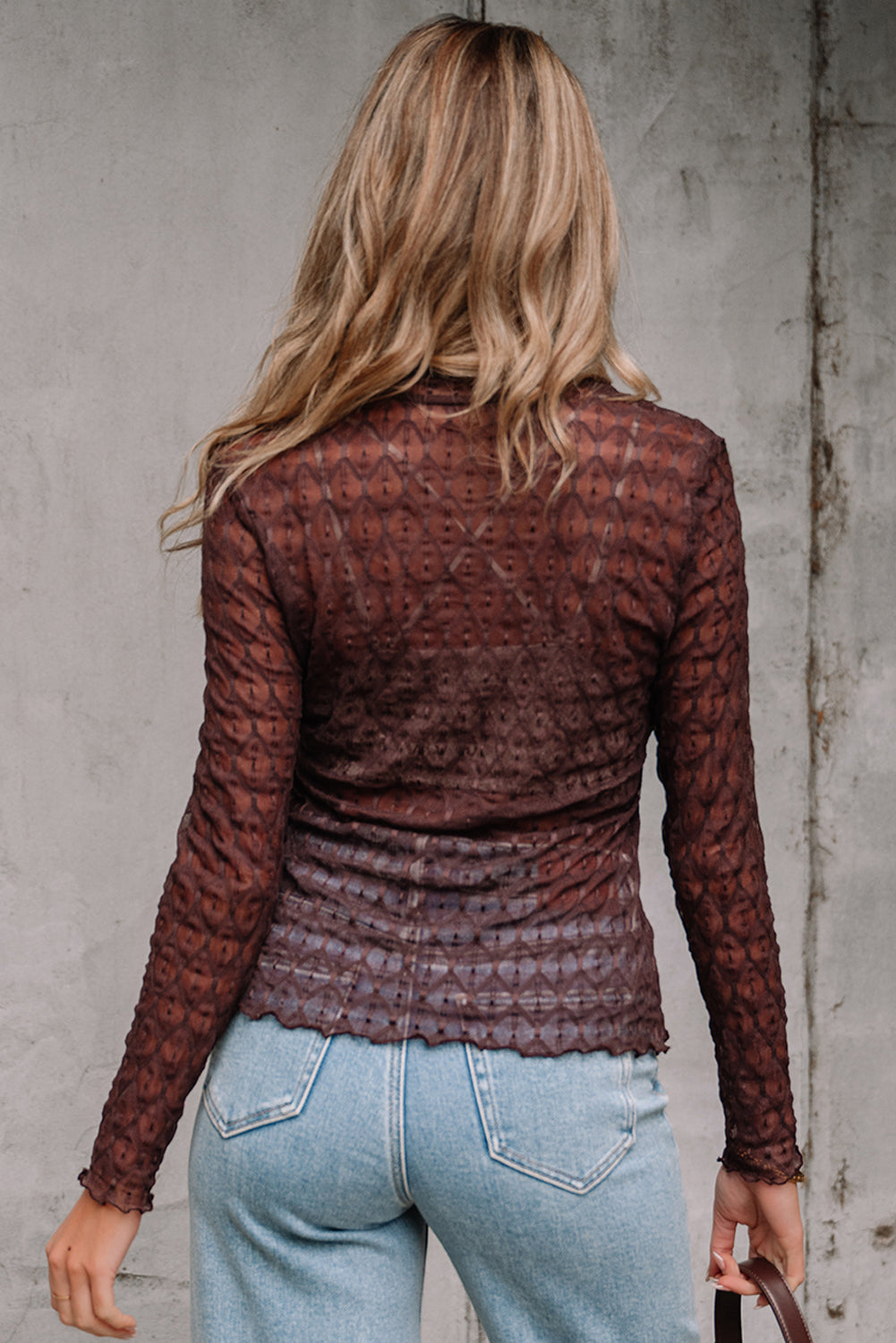 Beige Sheer Mesh Patterned Lettuce Trim Slim Long Sleeve Top