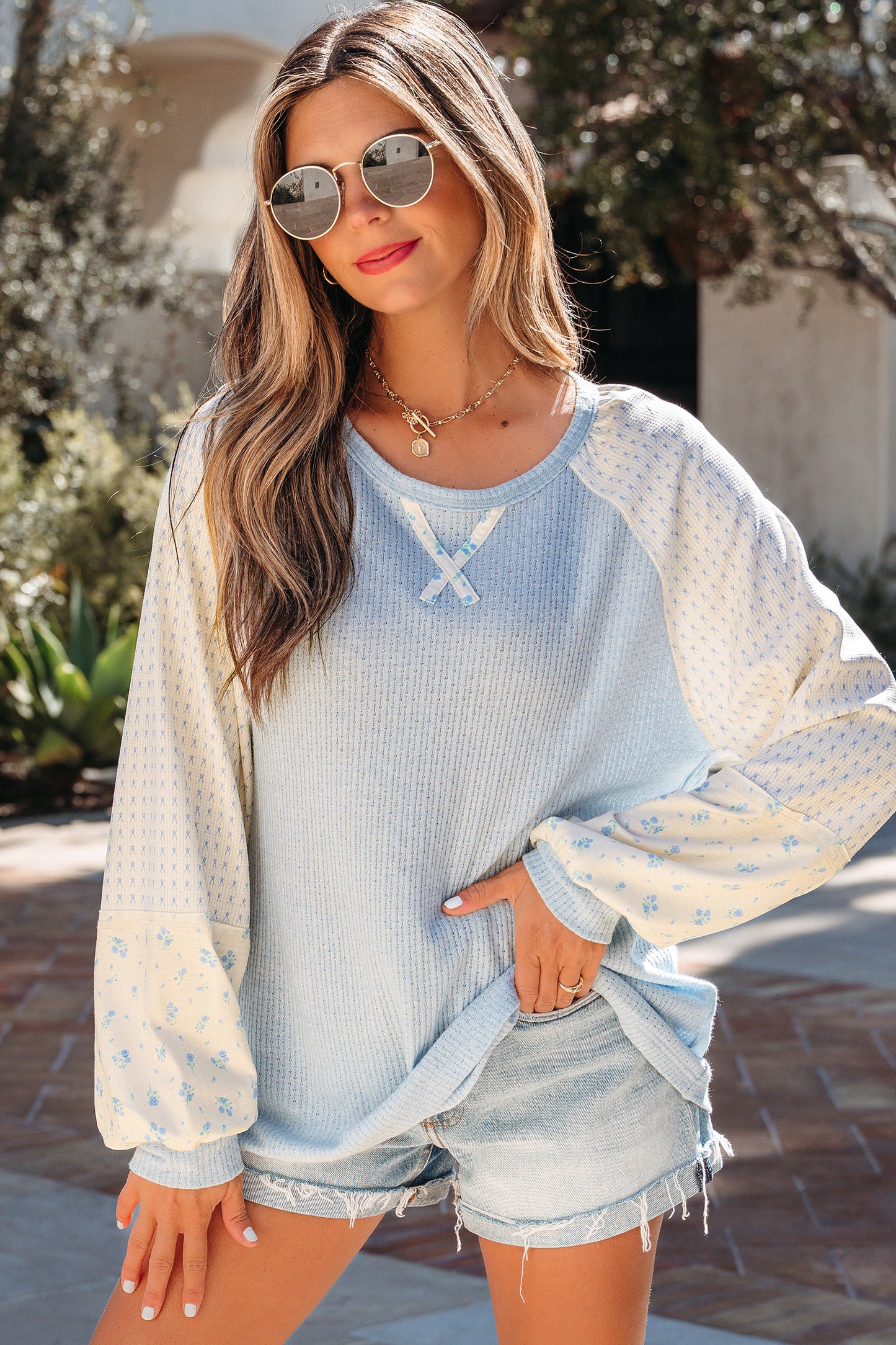 Beau Blue Textured Knit Color Block Floral Patchwork Long Sleeve Top