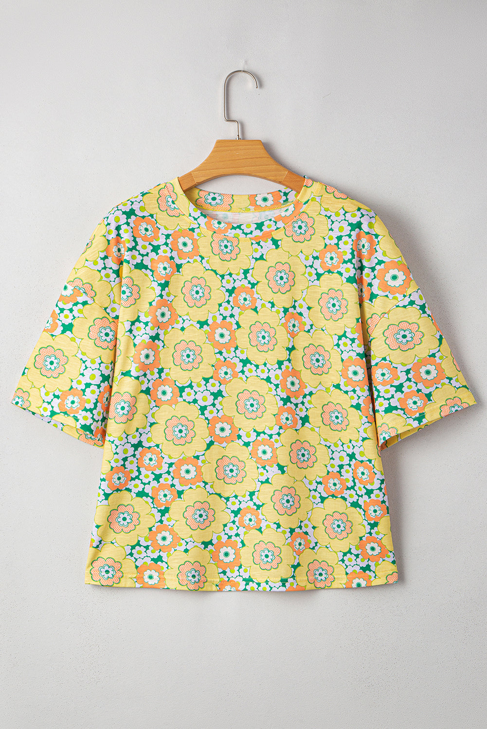 Yellow Summer Flower Printed Drop Shoulder Loose T Shirt