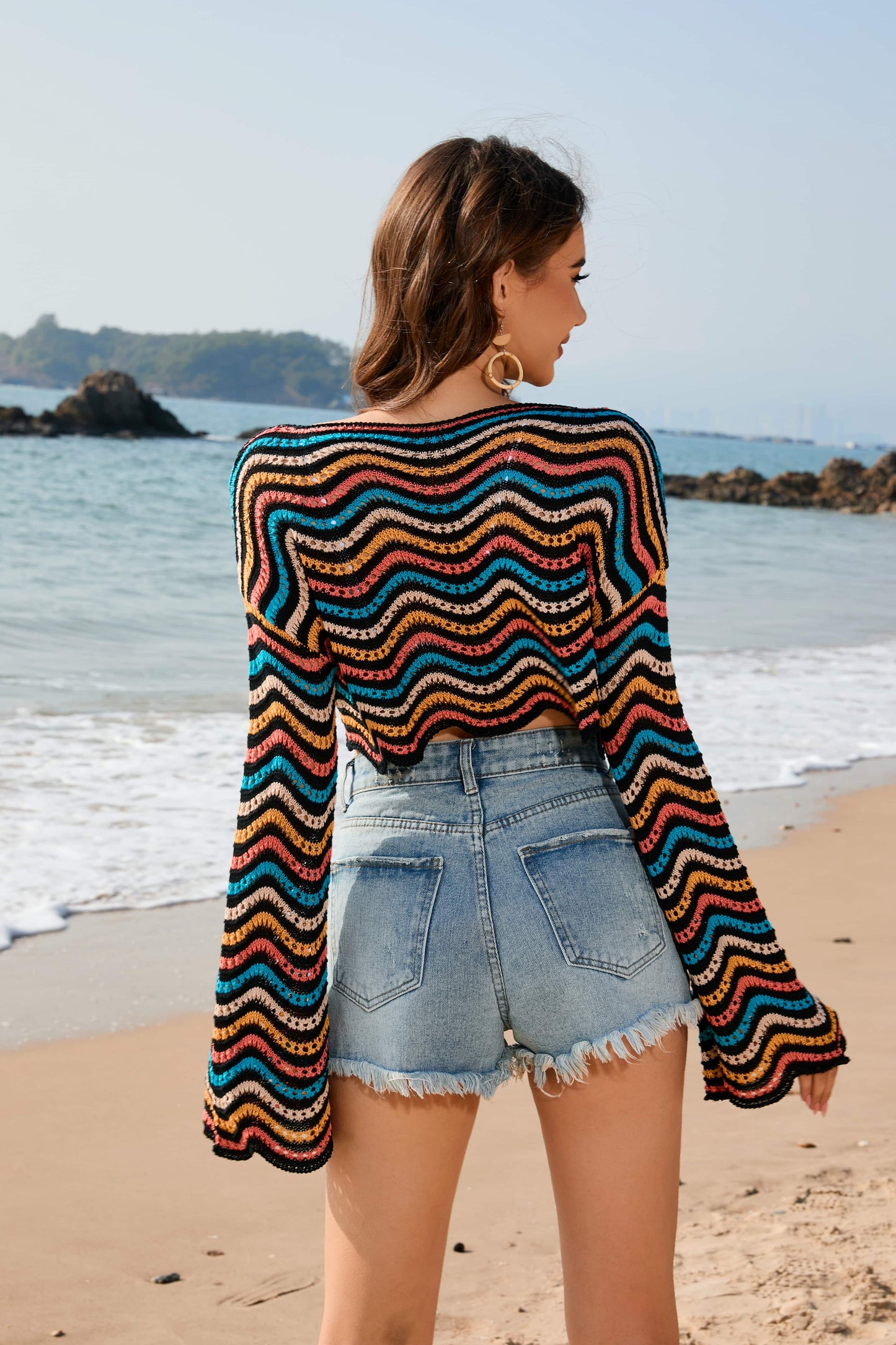 Crochet Striped Swimwear Cutout Beach Round Neck