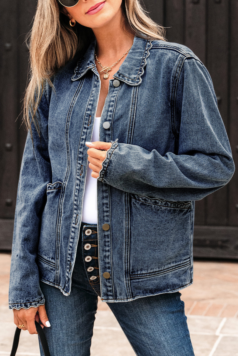 Myosotis Scallop Trim Collar Patched Pocket Button Up Denim Jacket