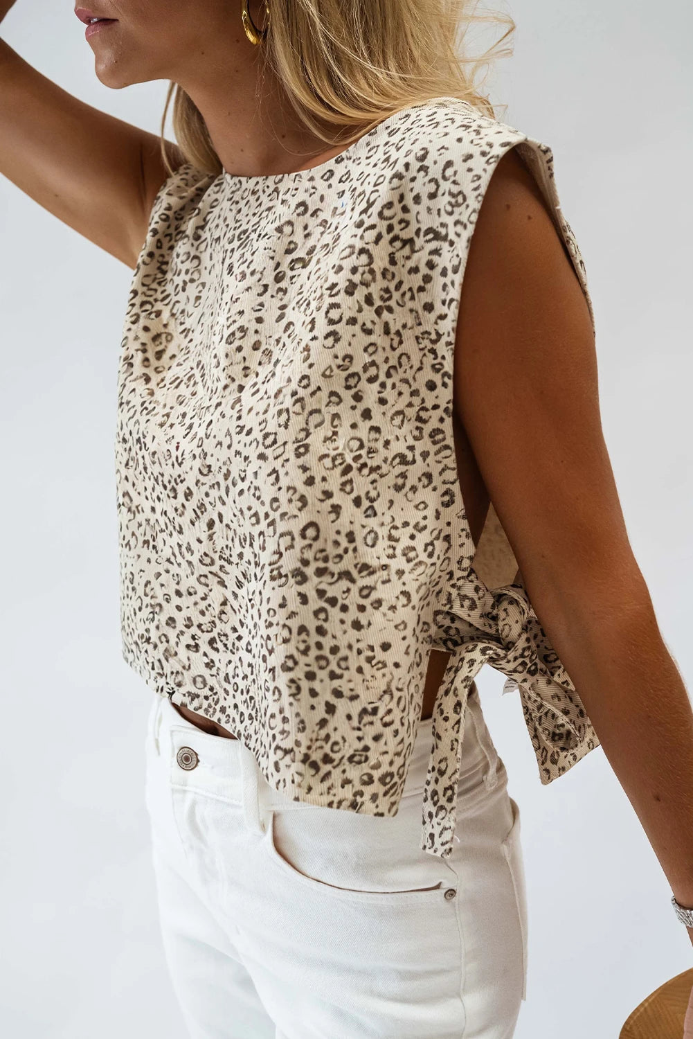 Apricot Leopard Print Knot Side Twill Vest