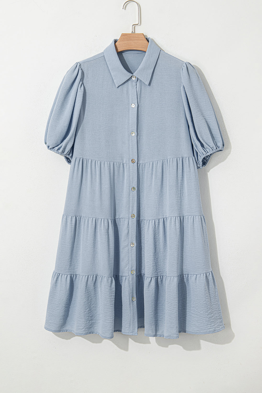 Beau Blue Shirt Collar Button Up Short Puff Sleeve Tiered Shift Dress