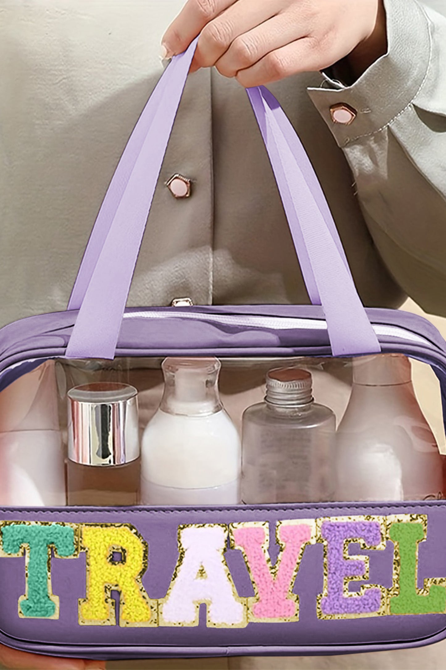 Parchment TRAVEL Chenille Letter Clear PVC Makeup Bag