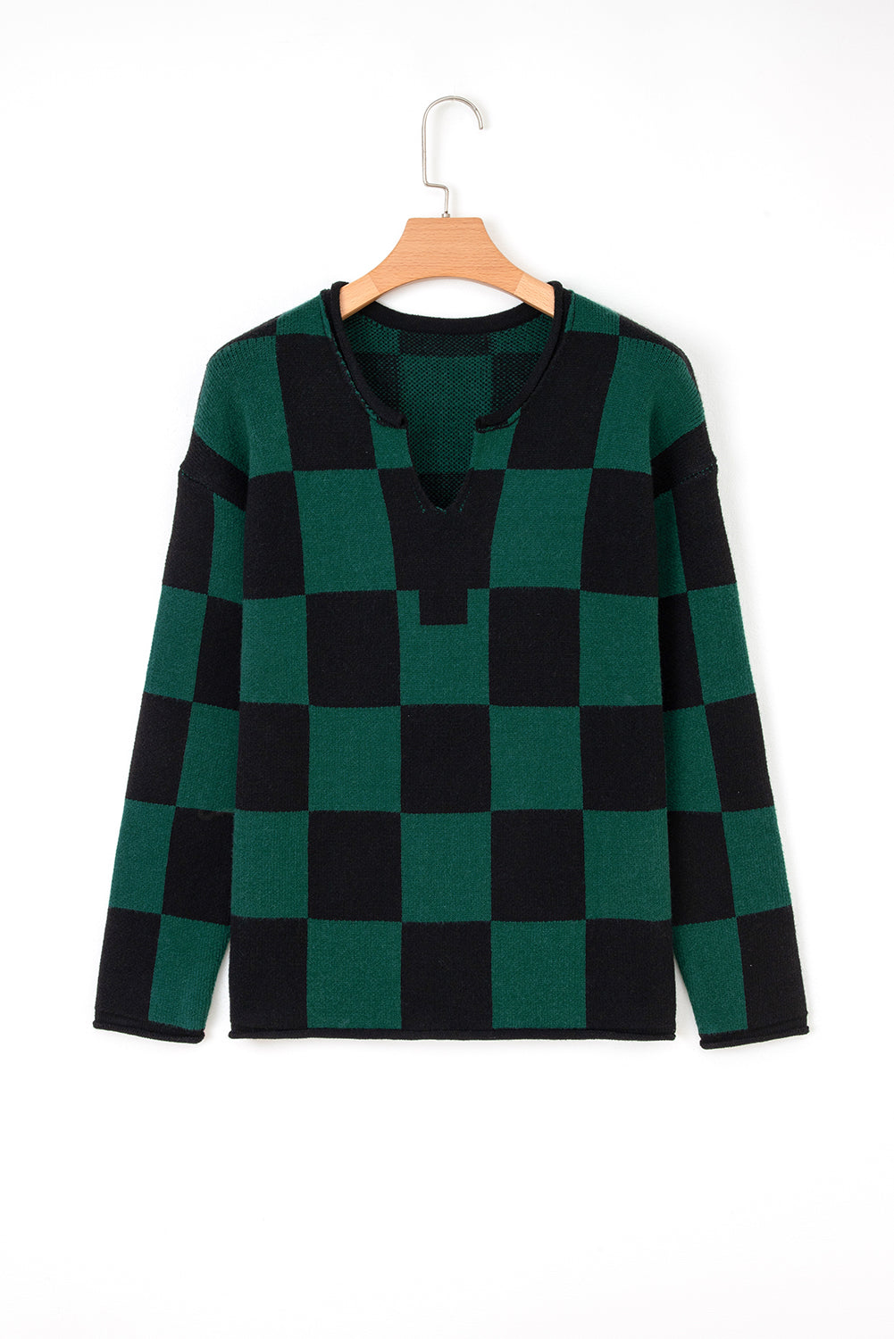 Green Checked Notched Neckline Drop Shoulder Knit Sweater