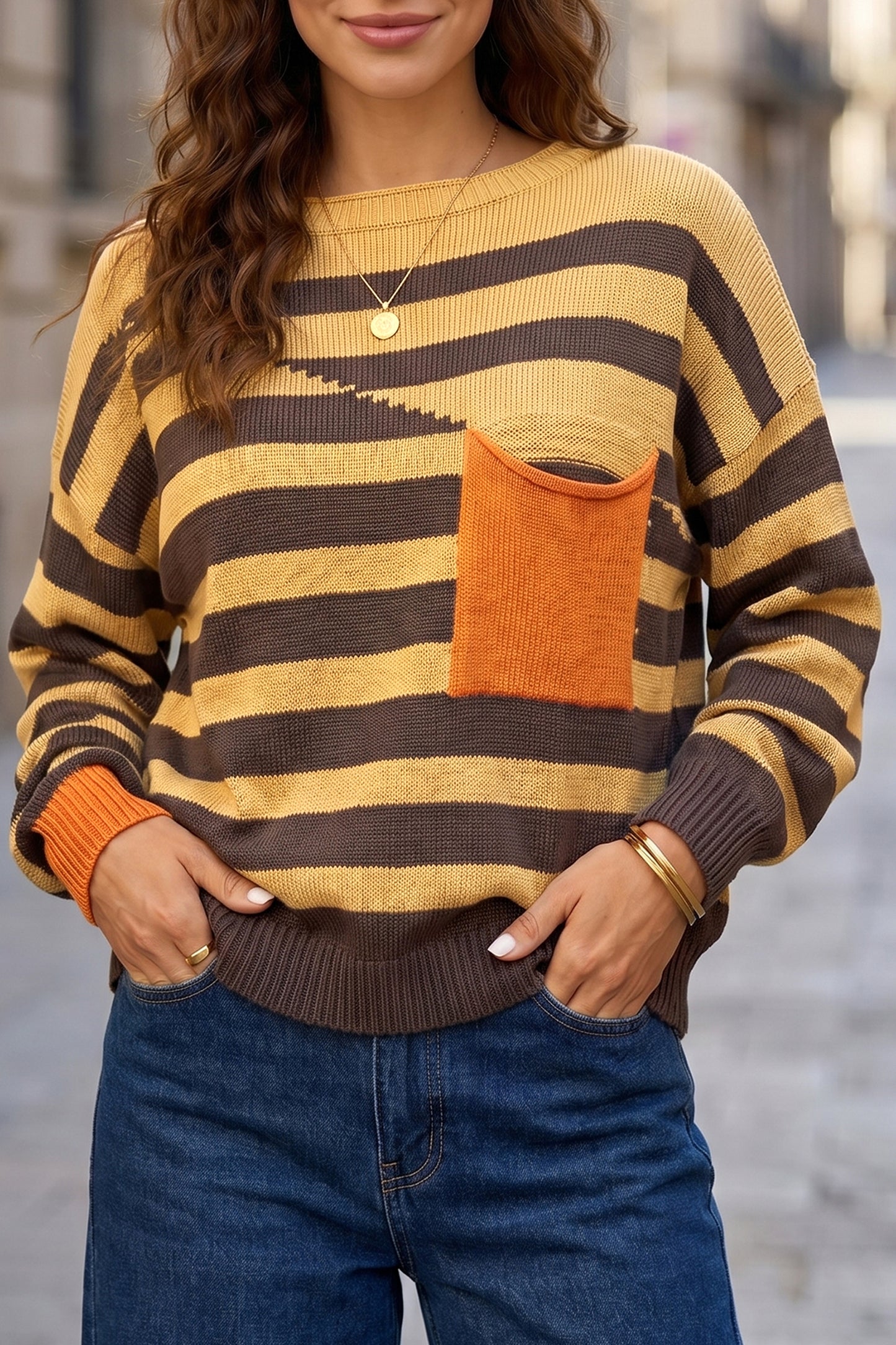 Brown Stripe Striped Drop Shoulder Colorblock Pullover Sweater