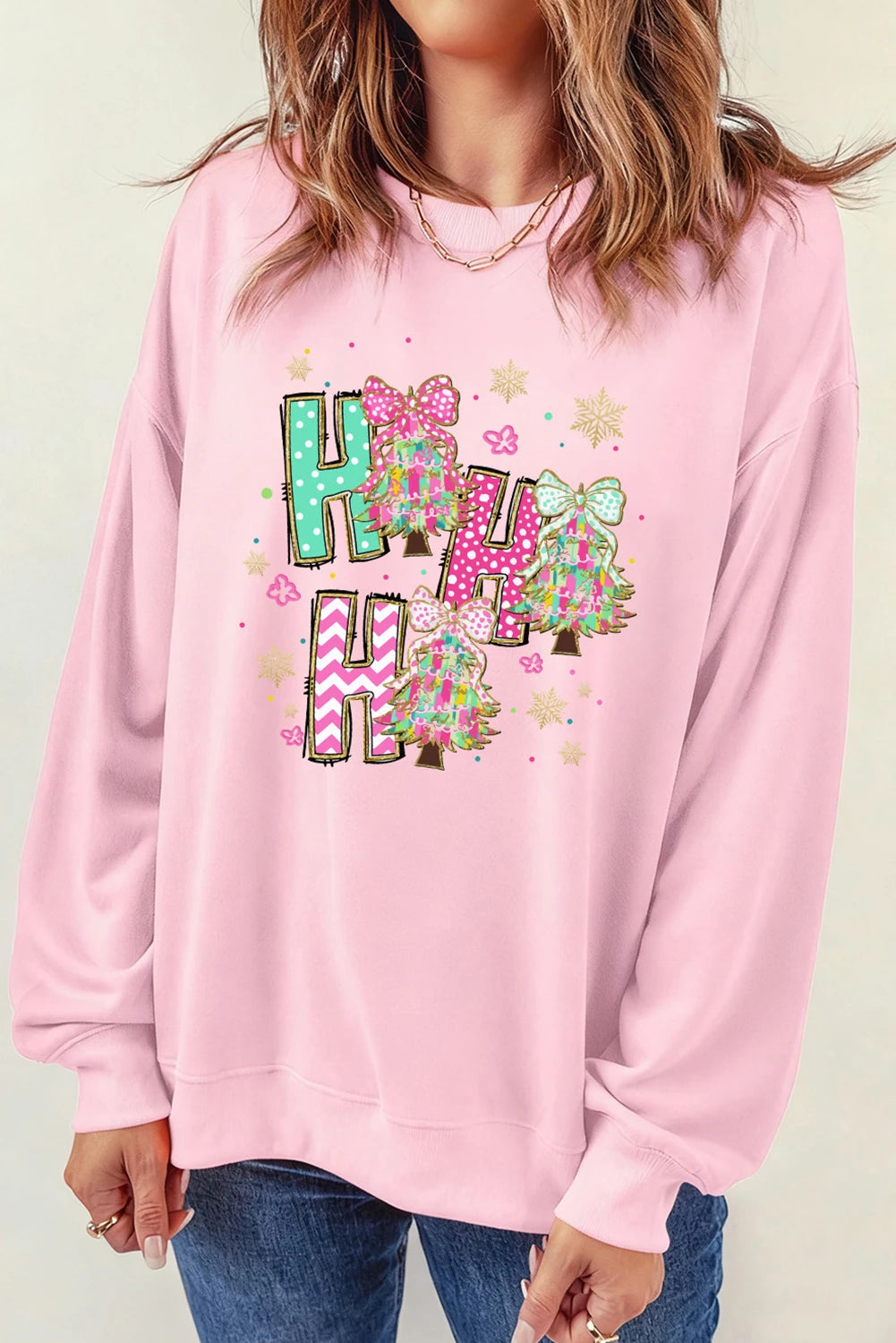 Pink HO HO HO Christmas Tree Graphic Pullover Sweatshirt