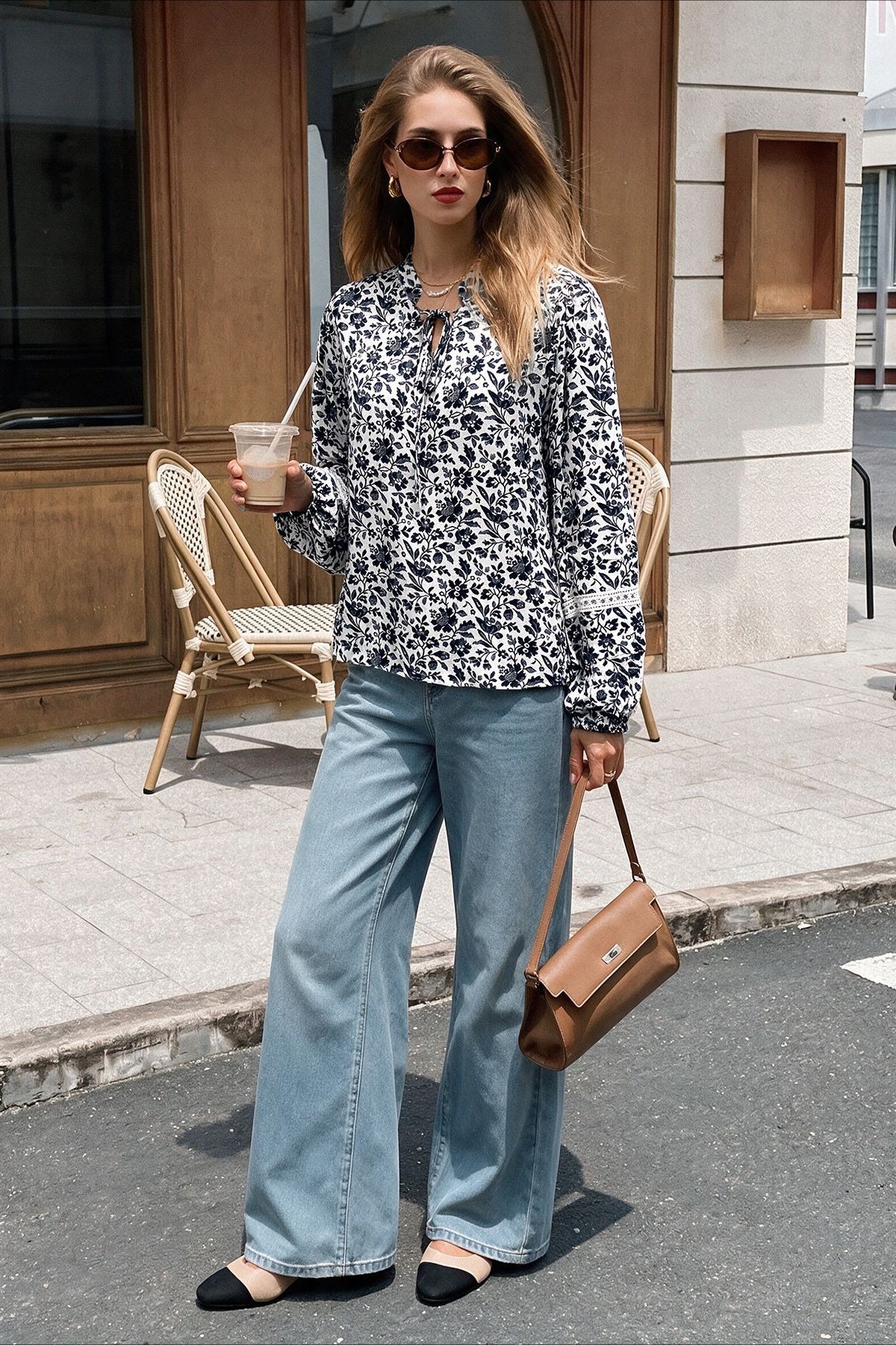 Women's Floral Tie Neck Balloon Sleeve Blouse