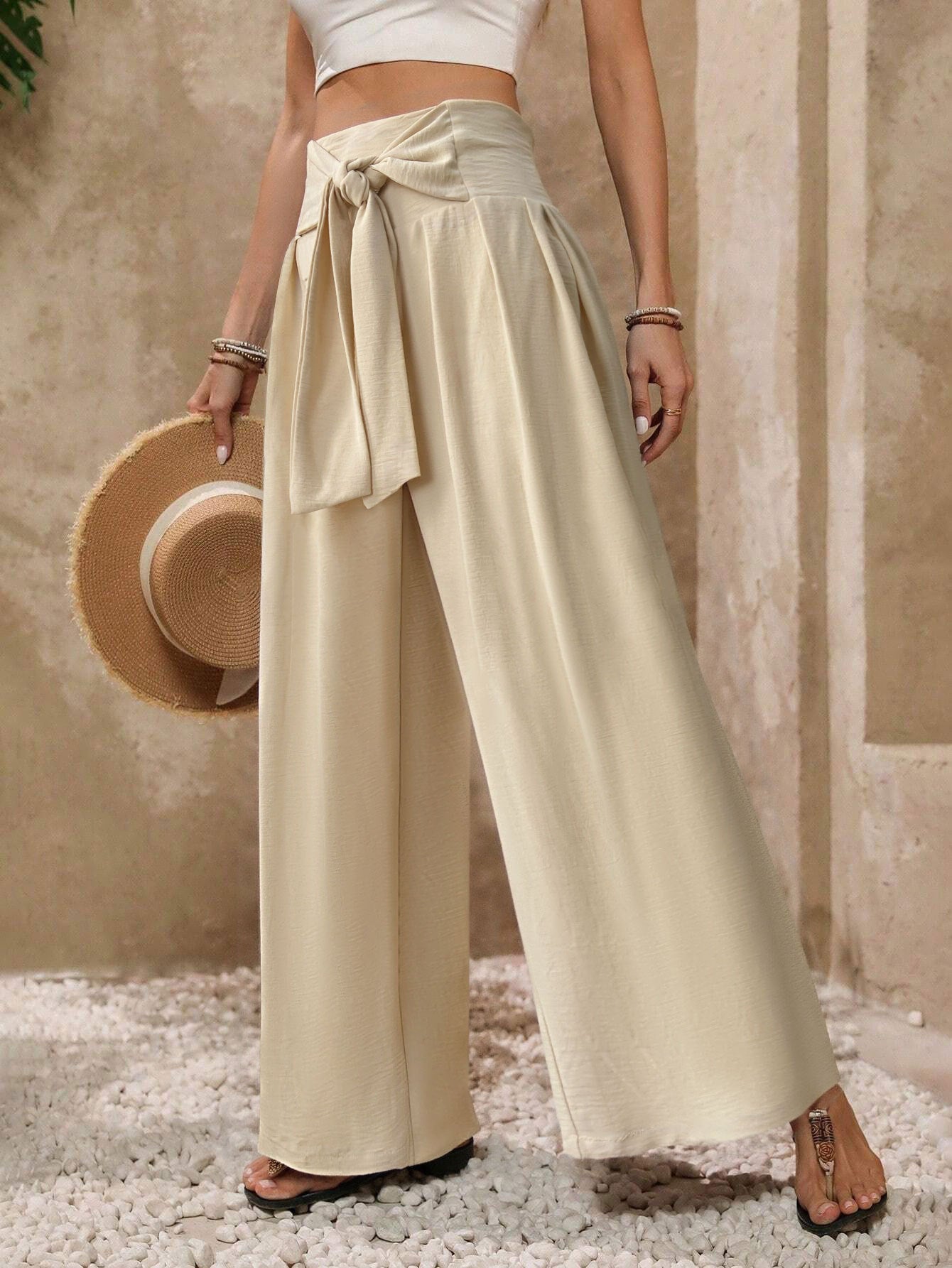 Tie Front Textured Wide Leg Palazzo Pants