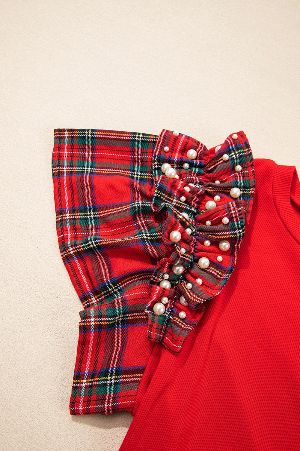 Racing Red MERRY Patched Graphic Pearled Plaid Ruffled Sleeve Patchwork Tee