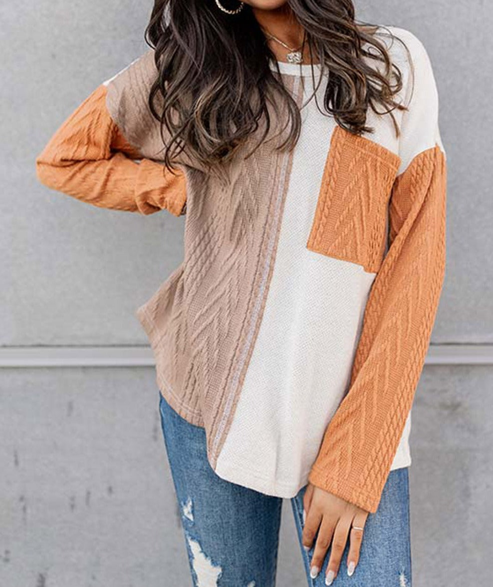 Orange Long Sleeve Colorblock Chest Pocket Textured Knit Top