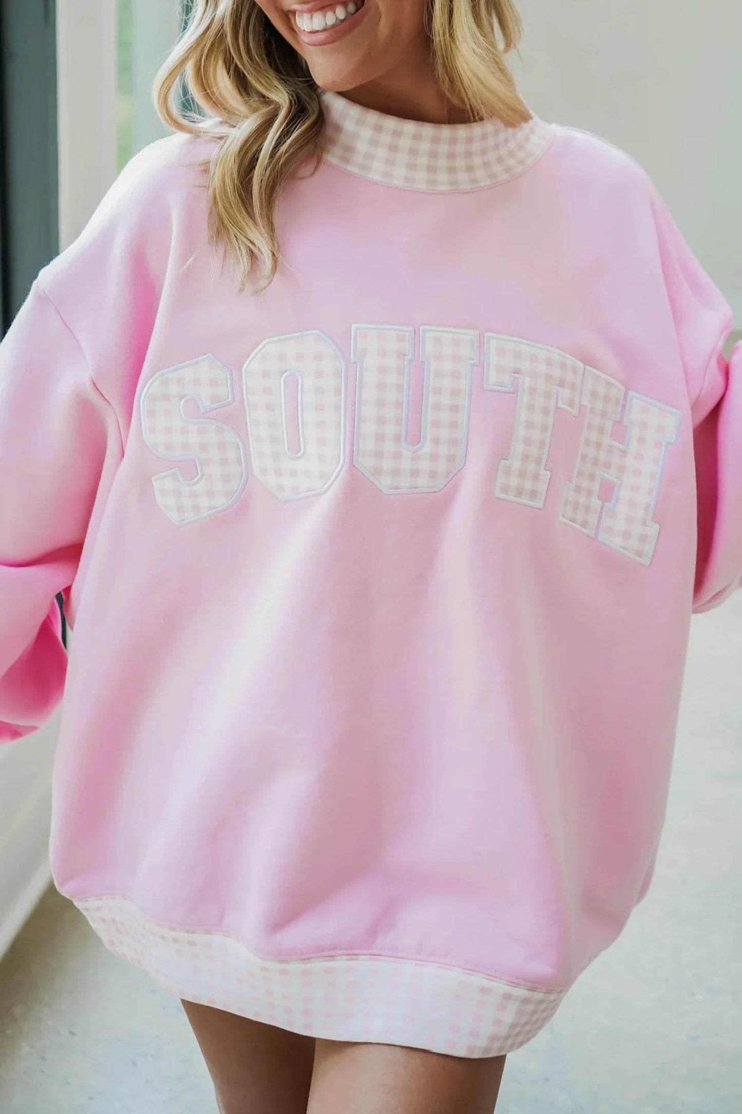 Plaid Trim High Neck SOUTH Letter Graphic Baggy Sweatshirt