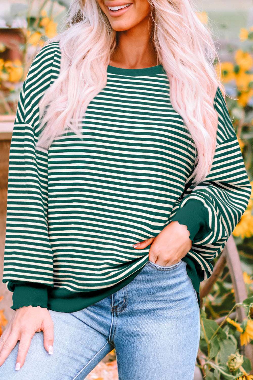 Solid Color Stripe Loose Drop Shoulder Long Sleeve Top