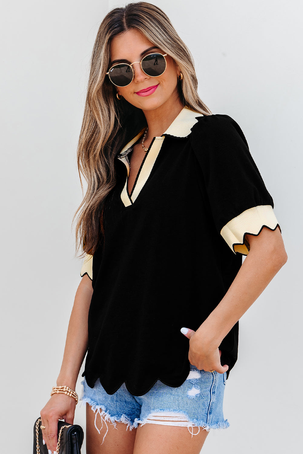 Black Color Contrast Collared V Neck Puff Sleeve Blouse