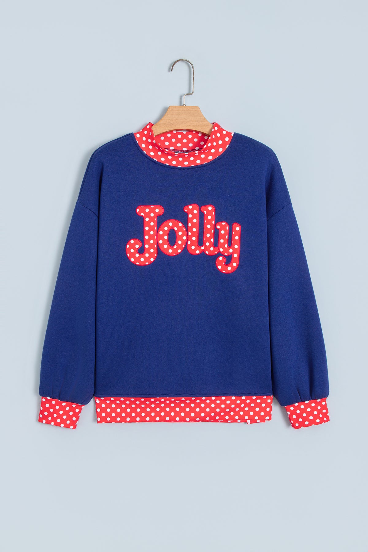 Tomato Red Polka Dot Letter Print Contrast Trim Mock Neck Sweatshirt