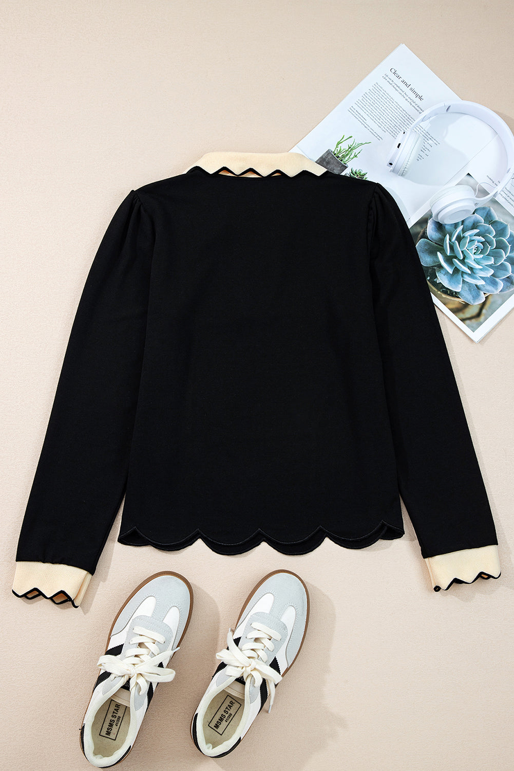 Black Scallop Trim Color Block Long Sleeve Collared Top