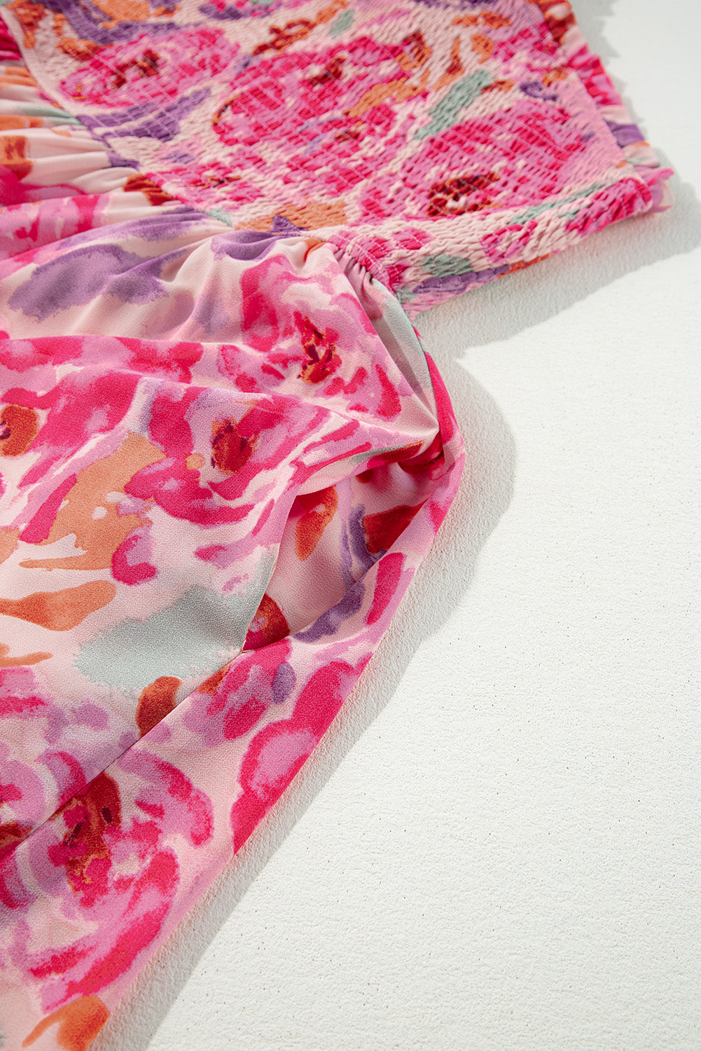 Pink Abstract Floral Print Shirred One Shoulder Maxi Dress