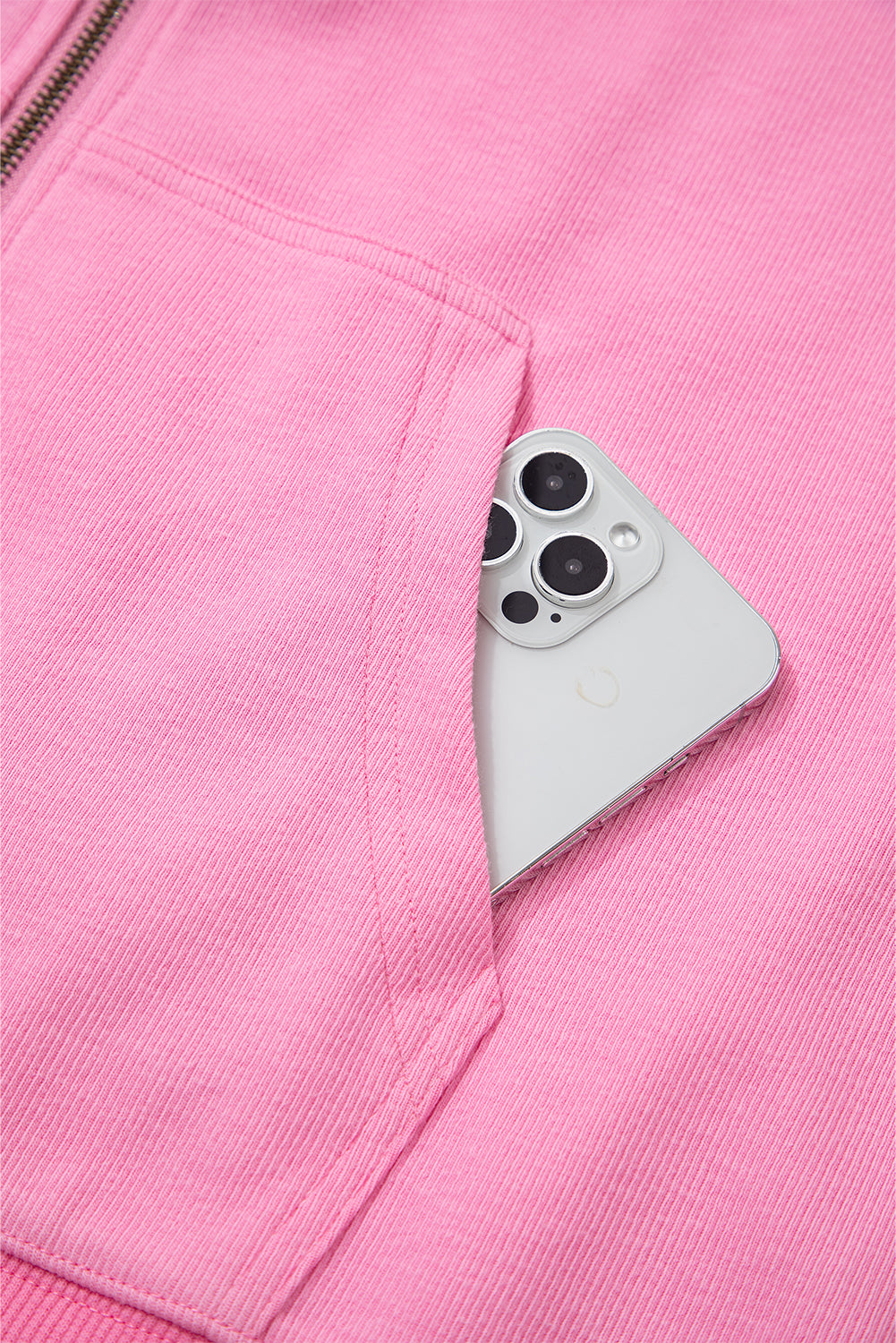 Sachet Pink Solid Color Ribbed Zip Up Drawstring Hooded Jacket