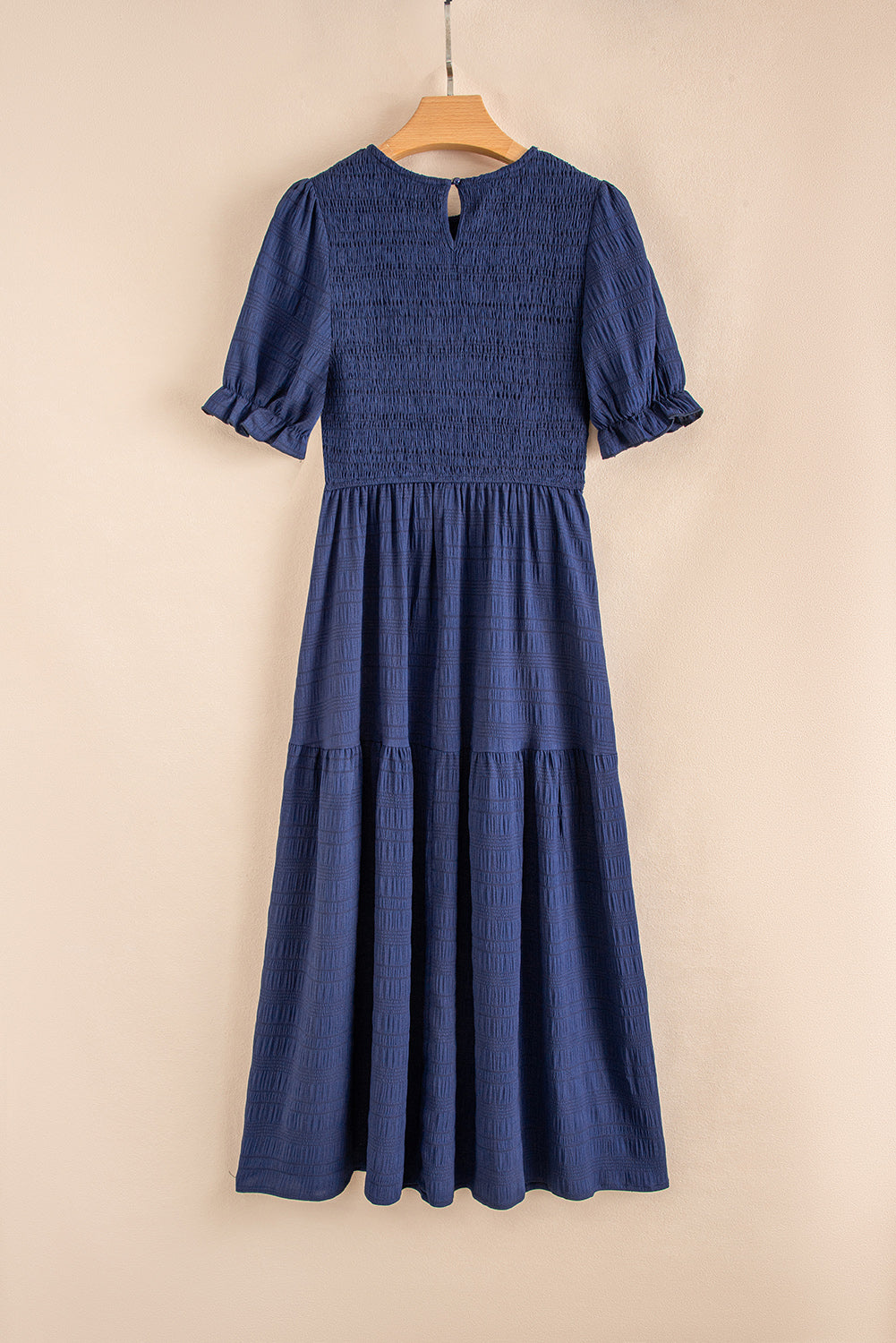 Sail Blue Solid Textured Smocked Puff Short Sleeve High Waist Long Dress