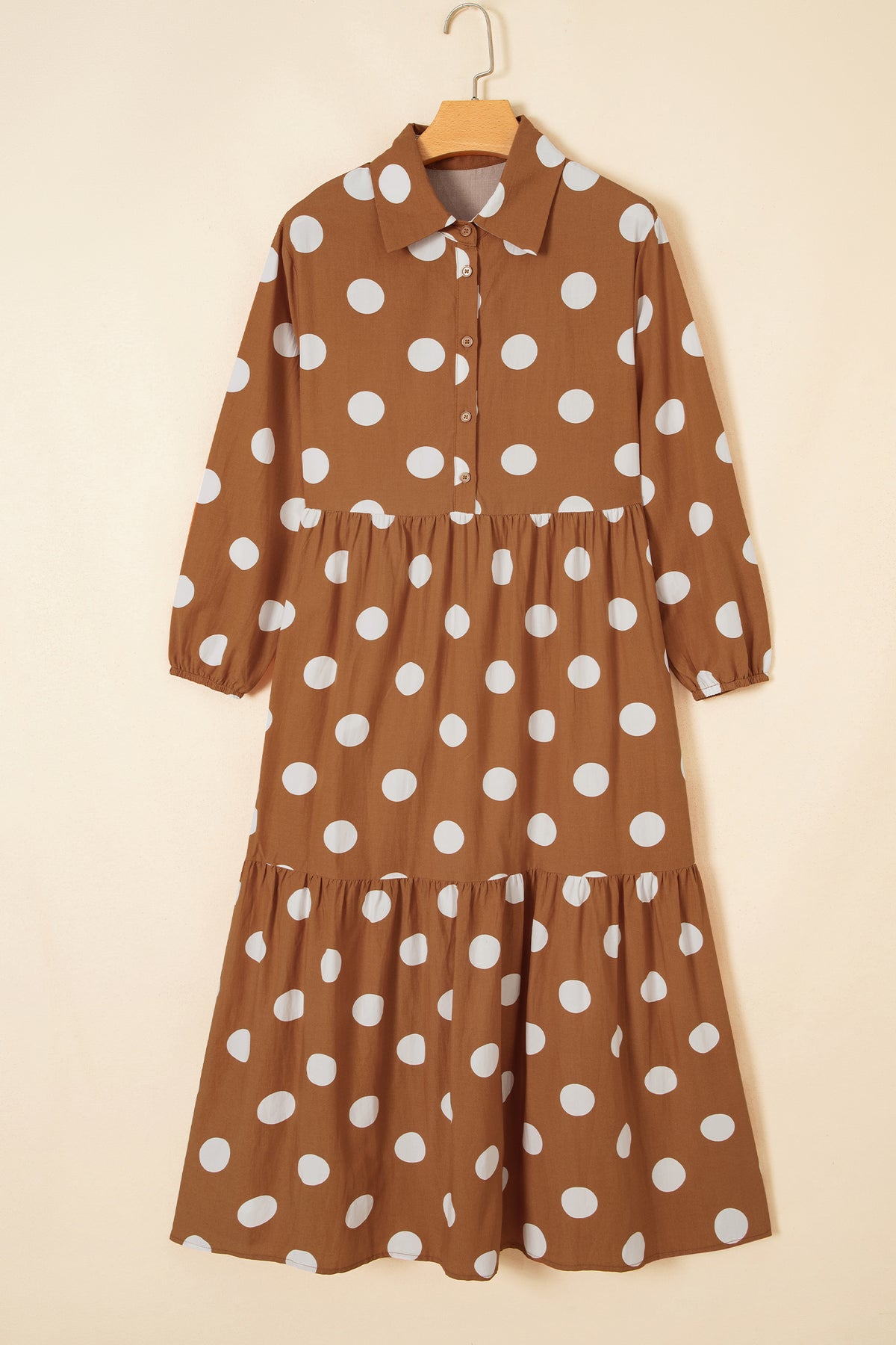 Apricot Polka Dot Button Front Long Sleeve Shift Dress