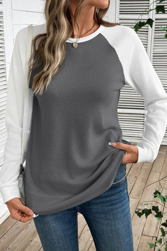 Colorblock Cotton Top Casual Waffle Raglan Sleeve