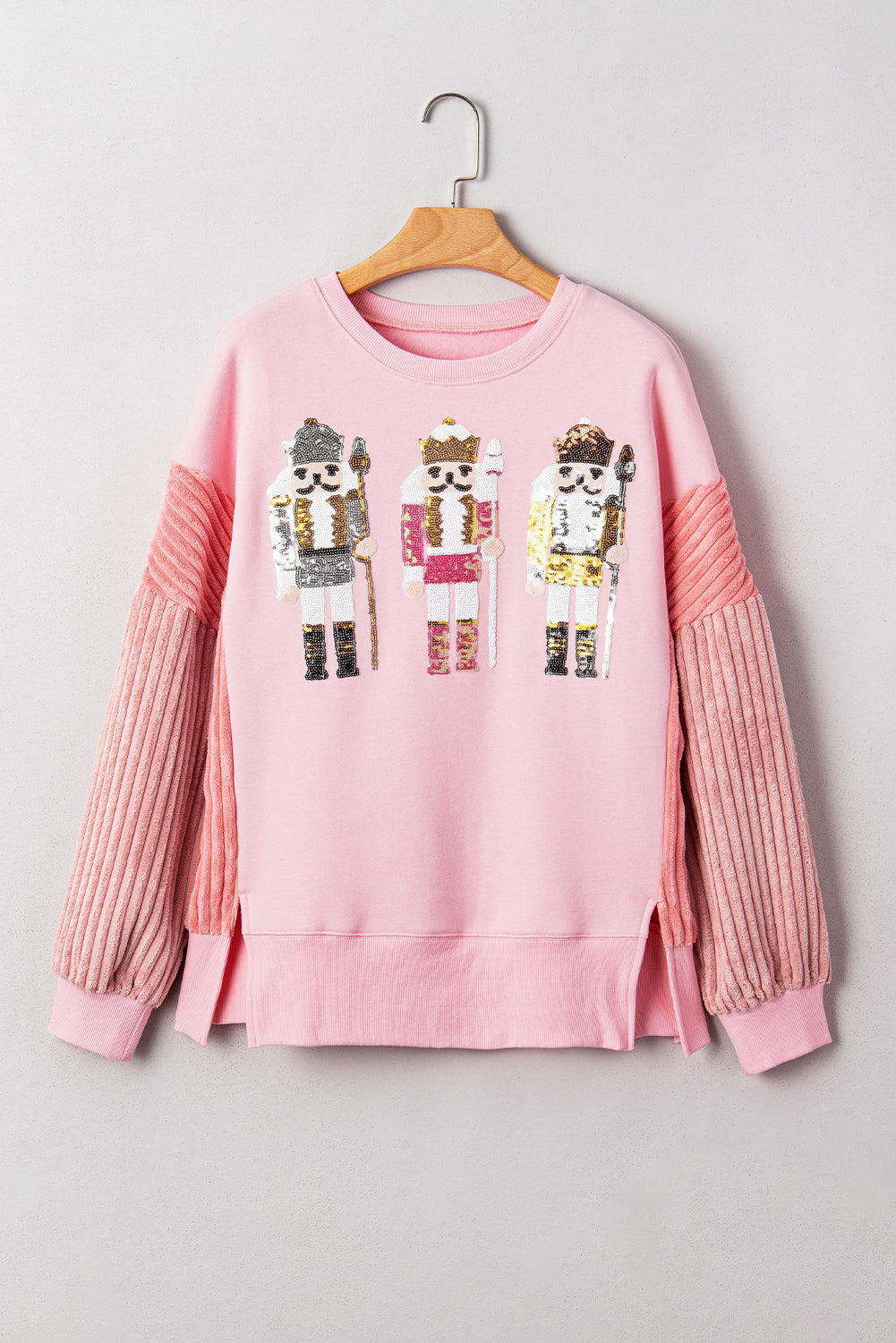 Beau Blue Sequin Nutcracker Textured Sleeve Patchwork Color Block Sweatshirt