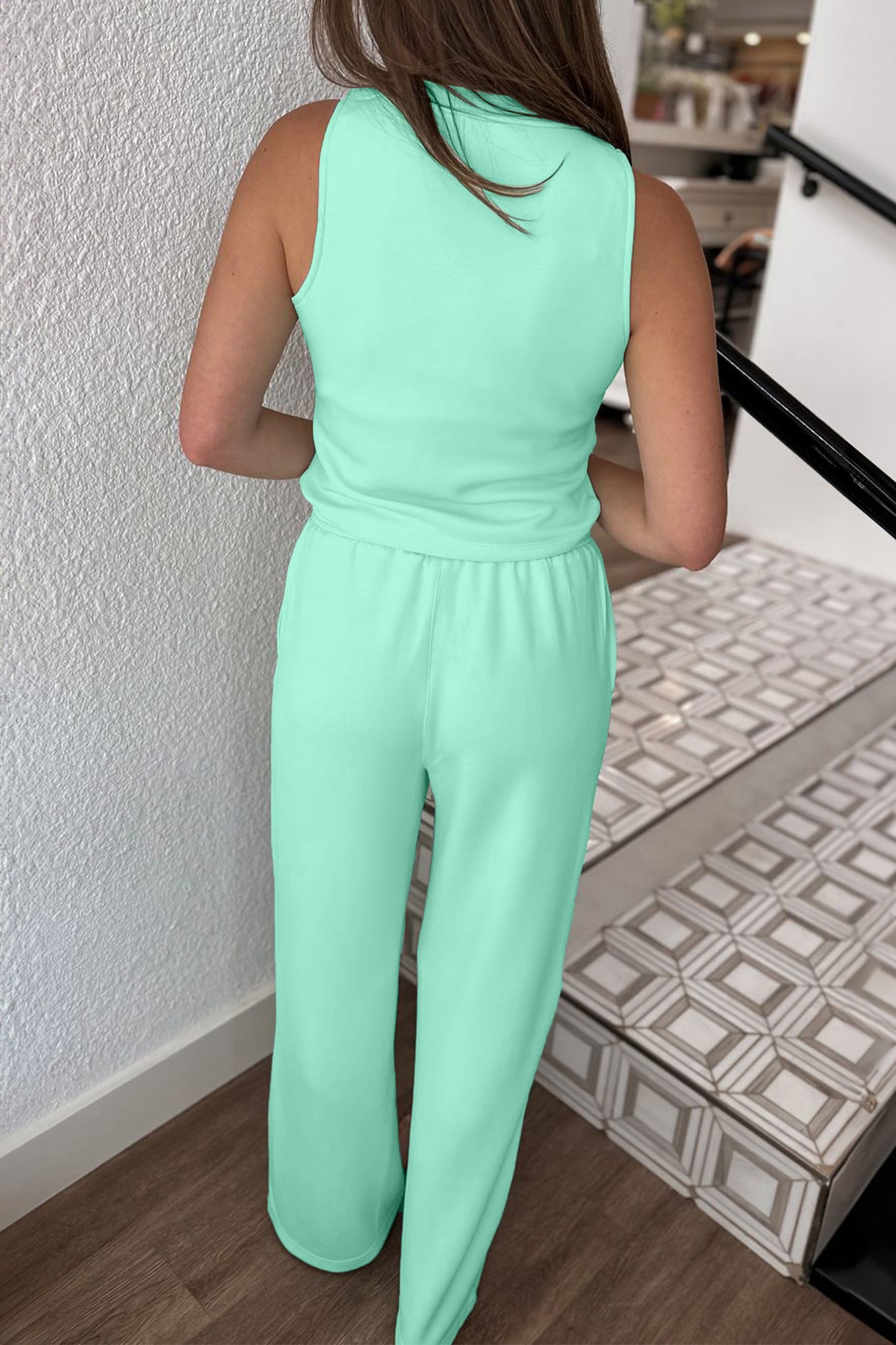 Solid Polyester Two-Piece Set Casual Shift Sleeveless