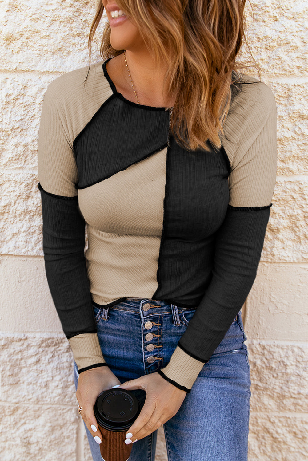 White Irregular Color Block Seaming Trim Rib Knit Top