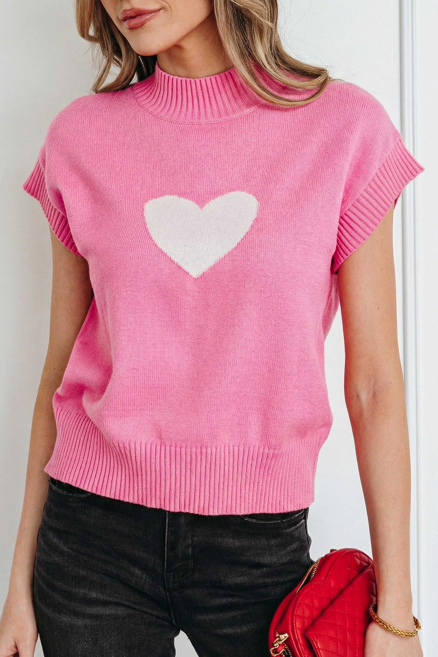 Fiery Red Valentine Heart Graphic Cropped Short Sleeve Sweater