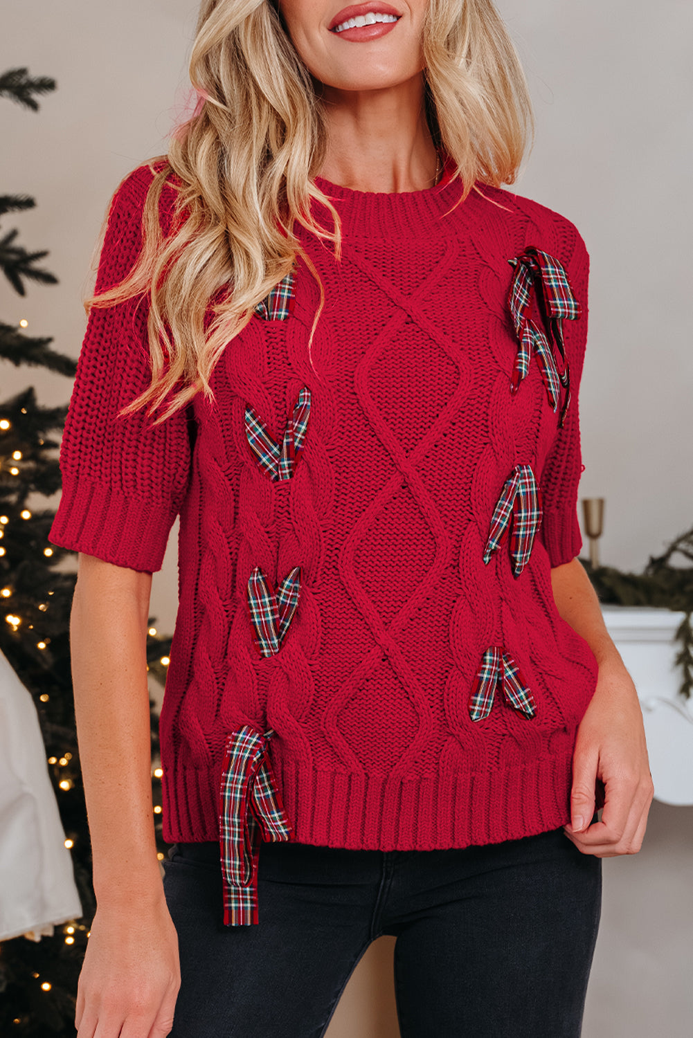 Plaid Lace up Detail Christmas Holiday Puff Short Sleeve Sweater