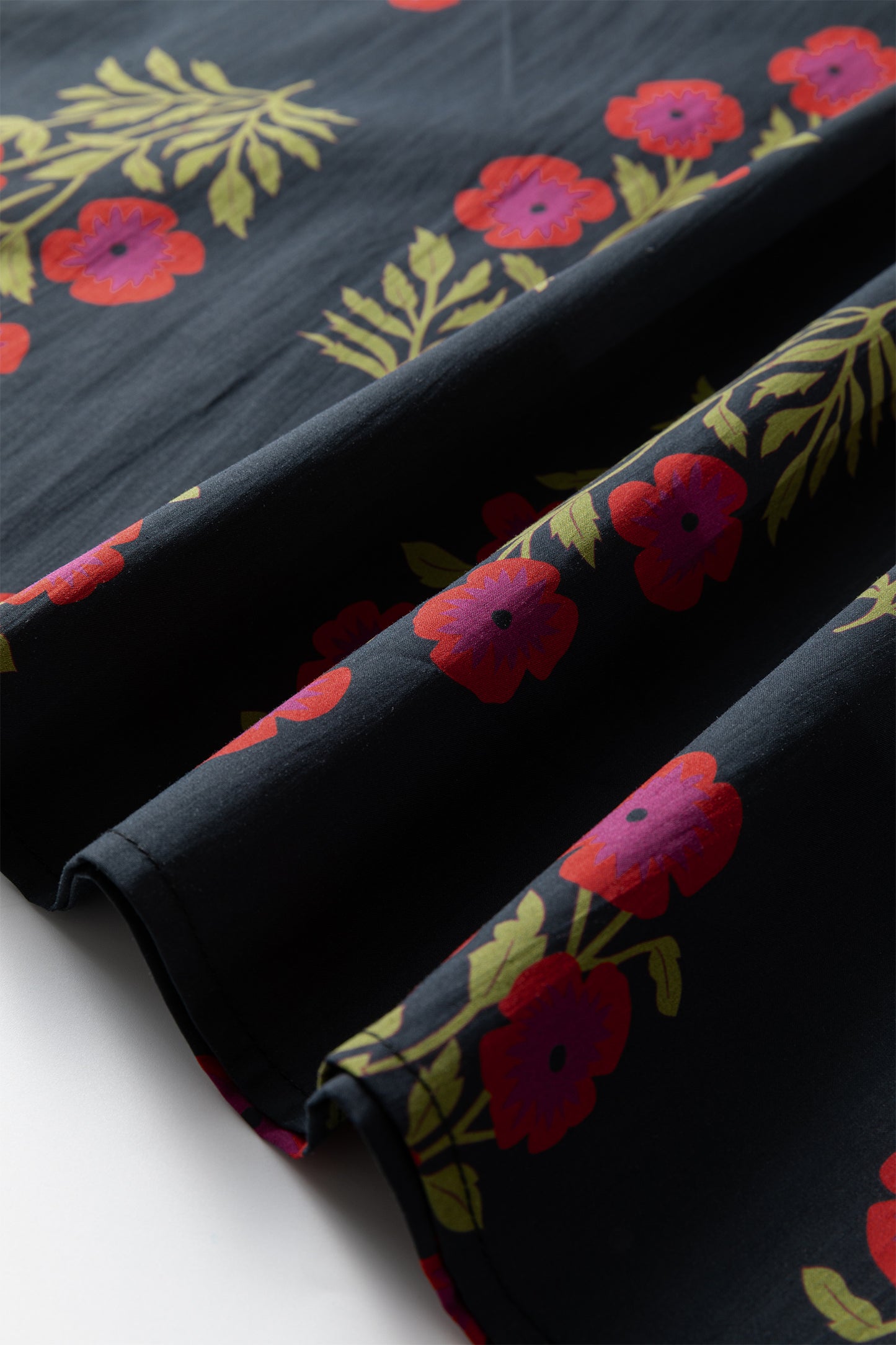 Black Floral Short Bubble Sleeve Contrast Slit Neckline Blouse