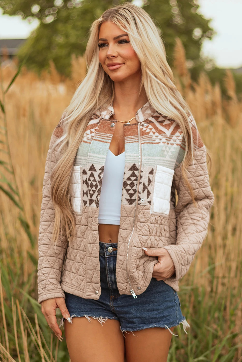 Light French Beige Aztec Quilted Patchwork Western Fashion Jacket