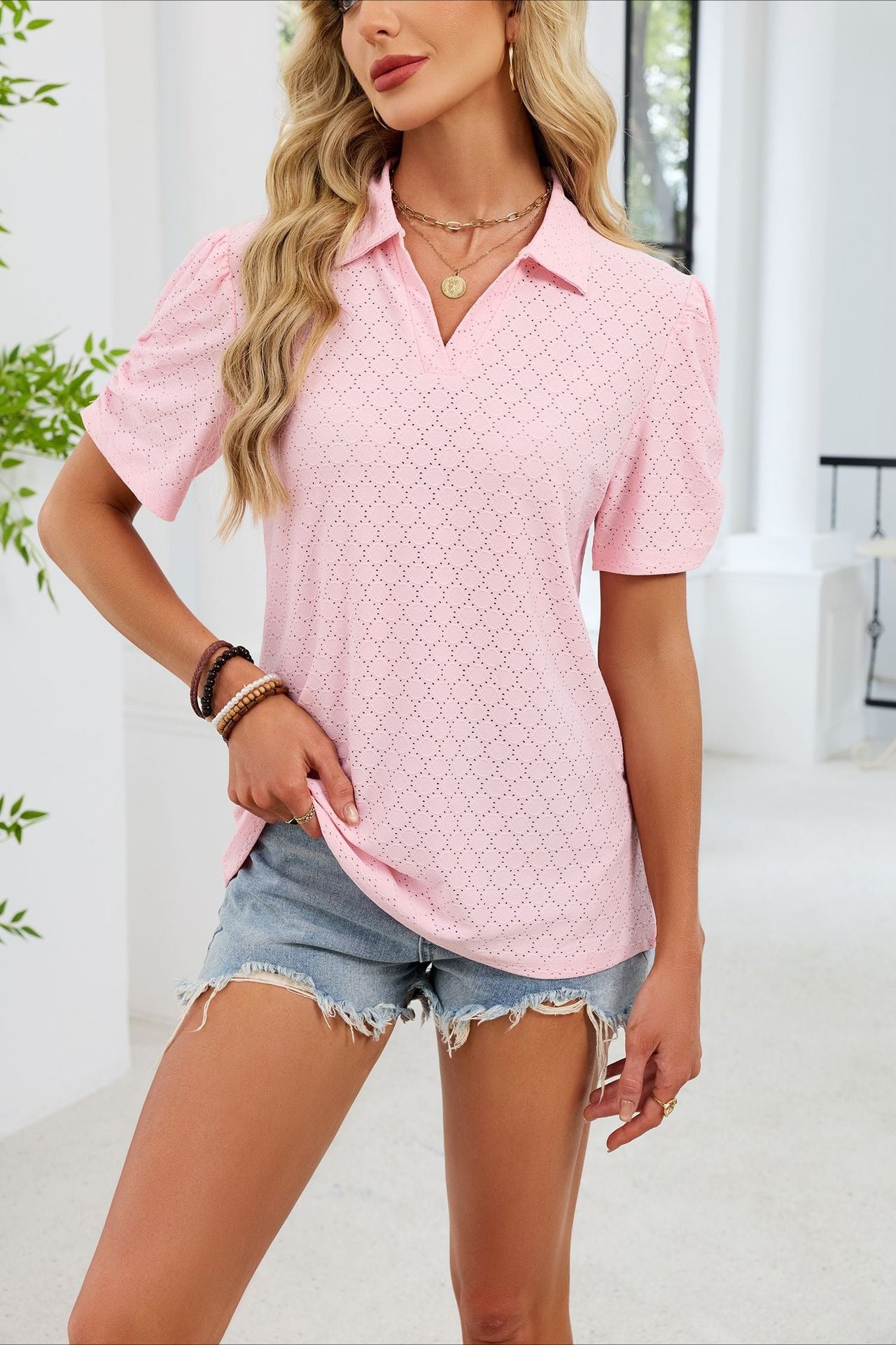 Women's V-Neck Puff Sleeve Polo Shirt Loose Casual Summer Top
