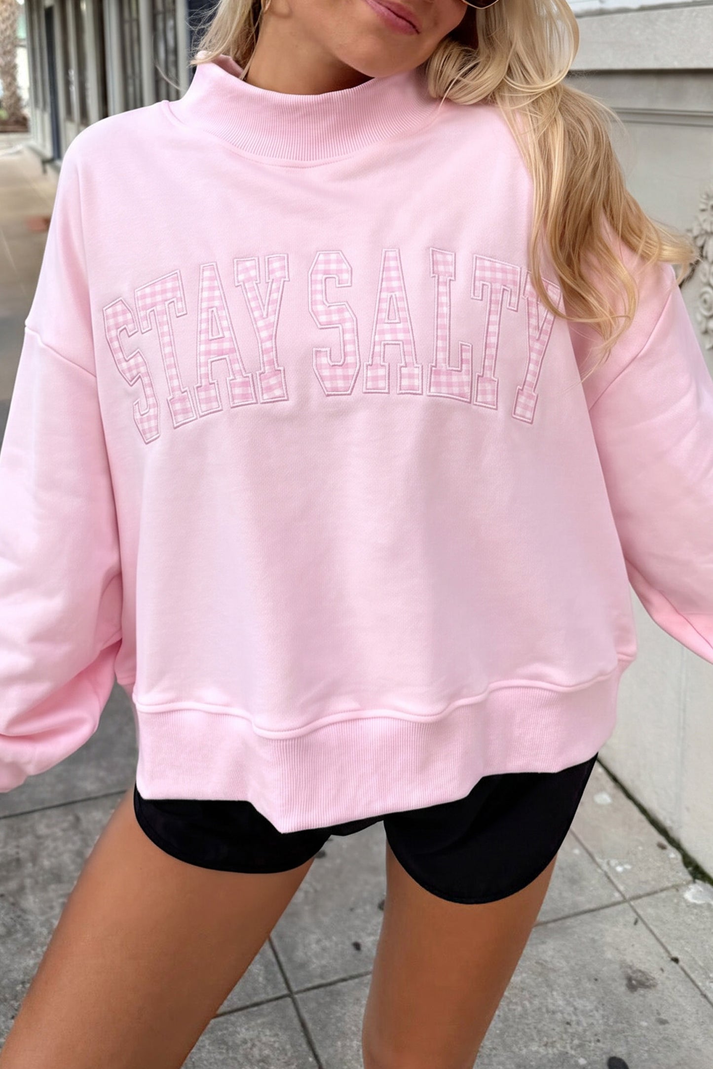 Pink Stay Salty Embroidered Long Sleeve Stand Neck Shift Pullover Sweatshirt