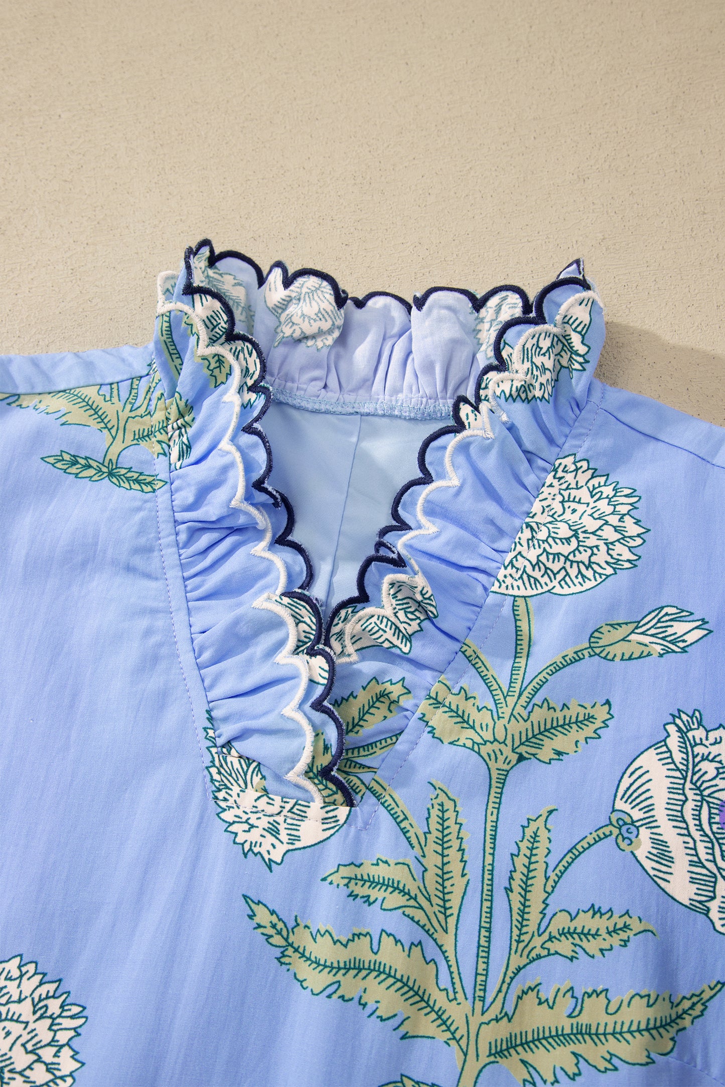 White Wild Floral Print Scalloped Embroidery Trim V Neck Drop Waist Mini Dress