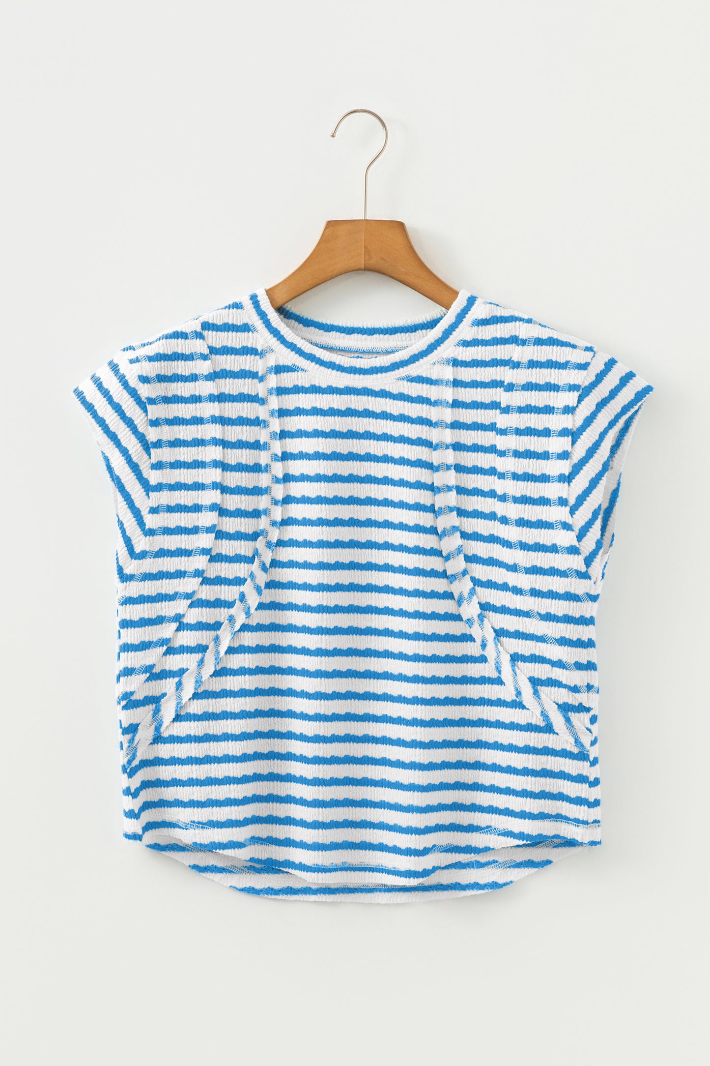 Blue Stripe Textured Short Sleeve Patchwork T Shirt