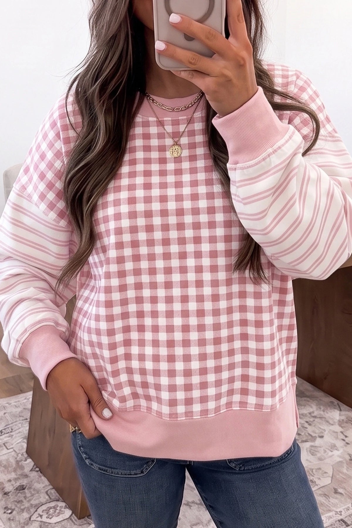Brown Plaid Striped Patchwork Long Sleeve Casual Top