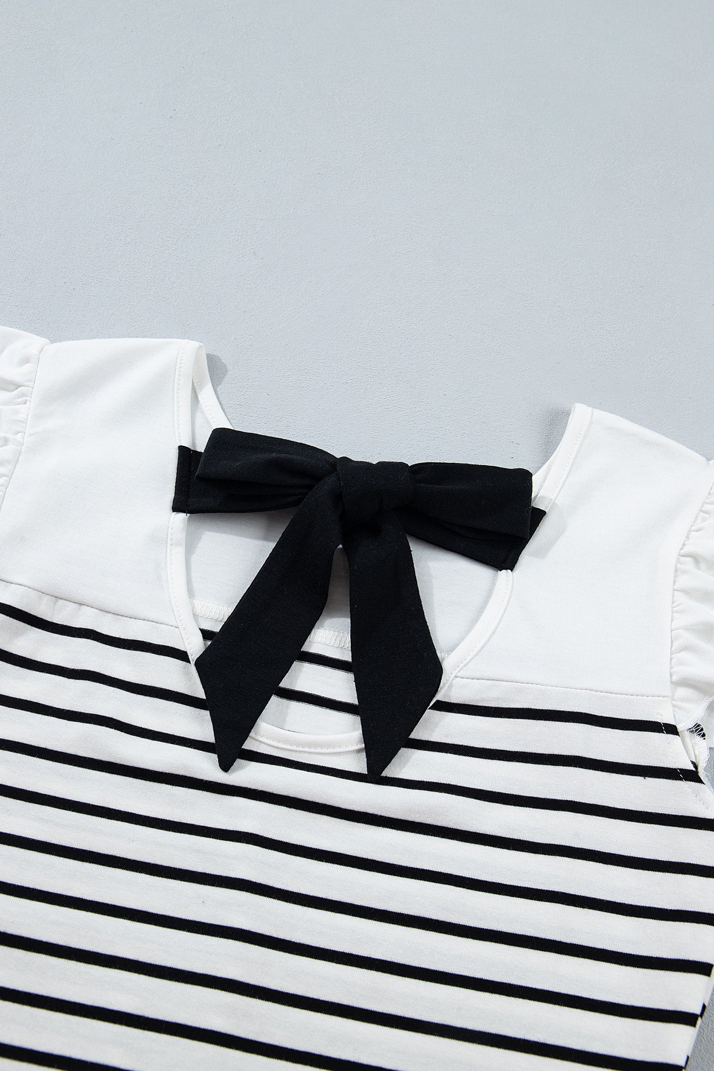 Striped Cotton Tank Top Elegant Bow Back Frill Sleeve