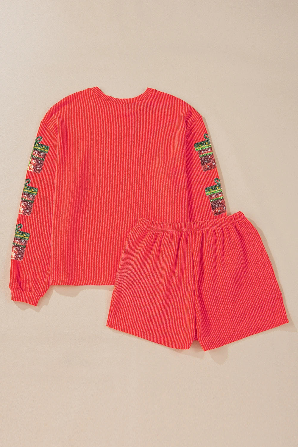 Gold Flame Sequin Christmas Gift Patched Long Sleeve Top Twisted Rib 2pcs Short Set