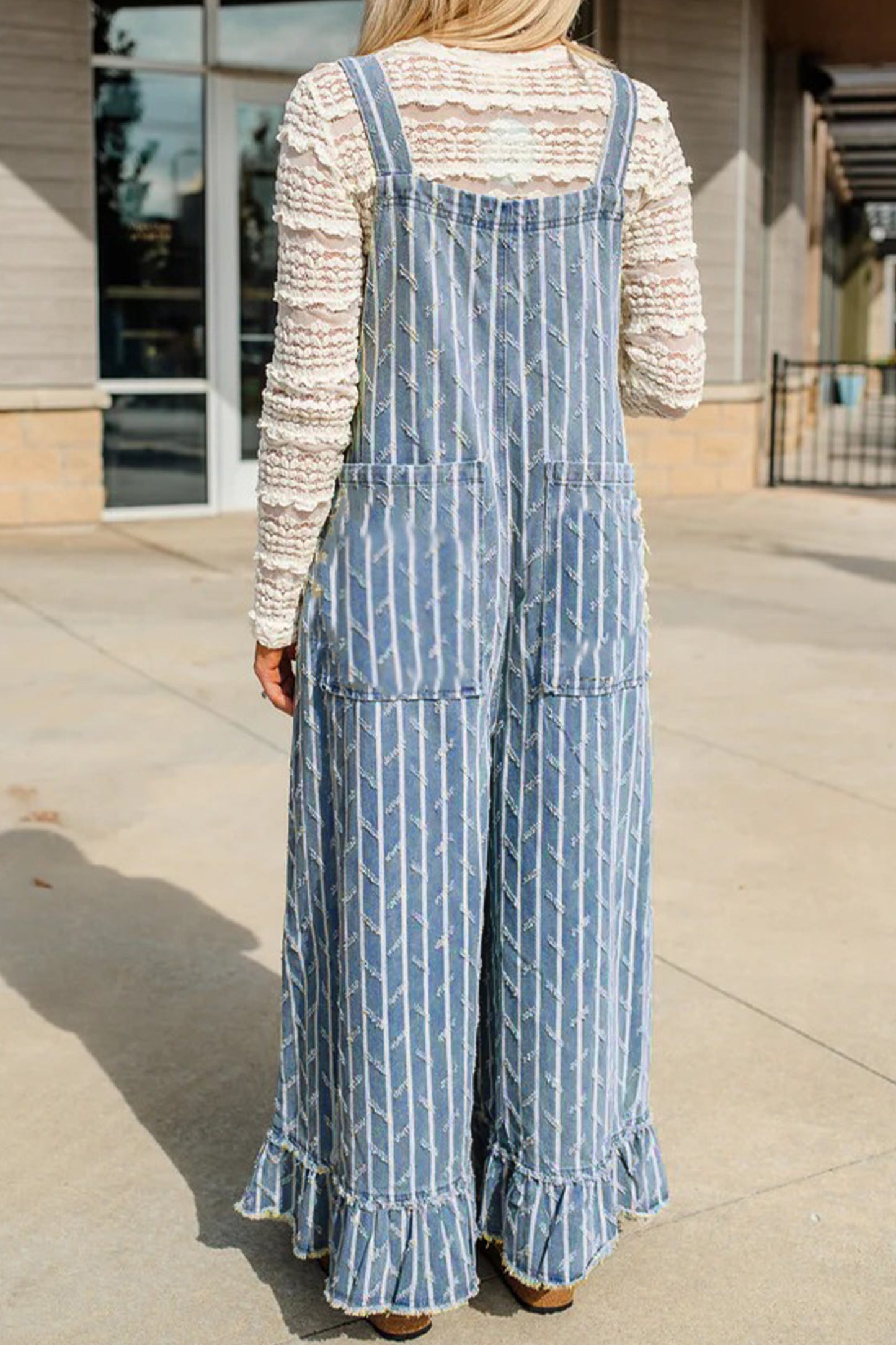 Striped Denim Jumpsuit Cotton Shift High Waist Ruffle