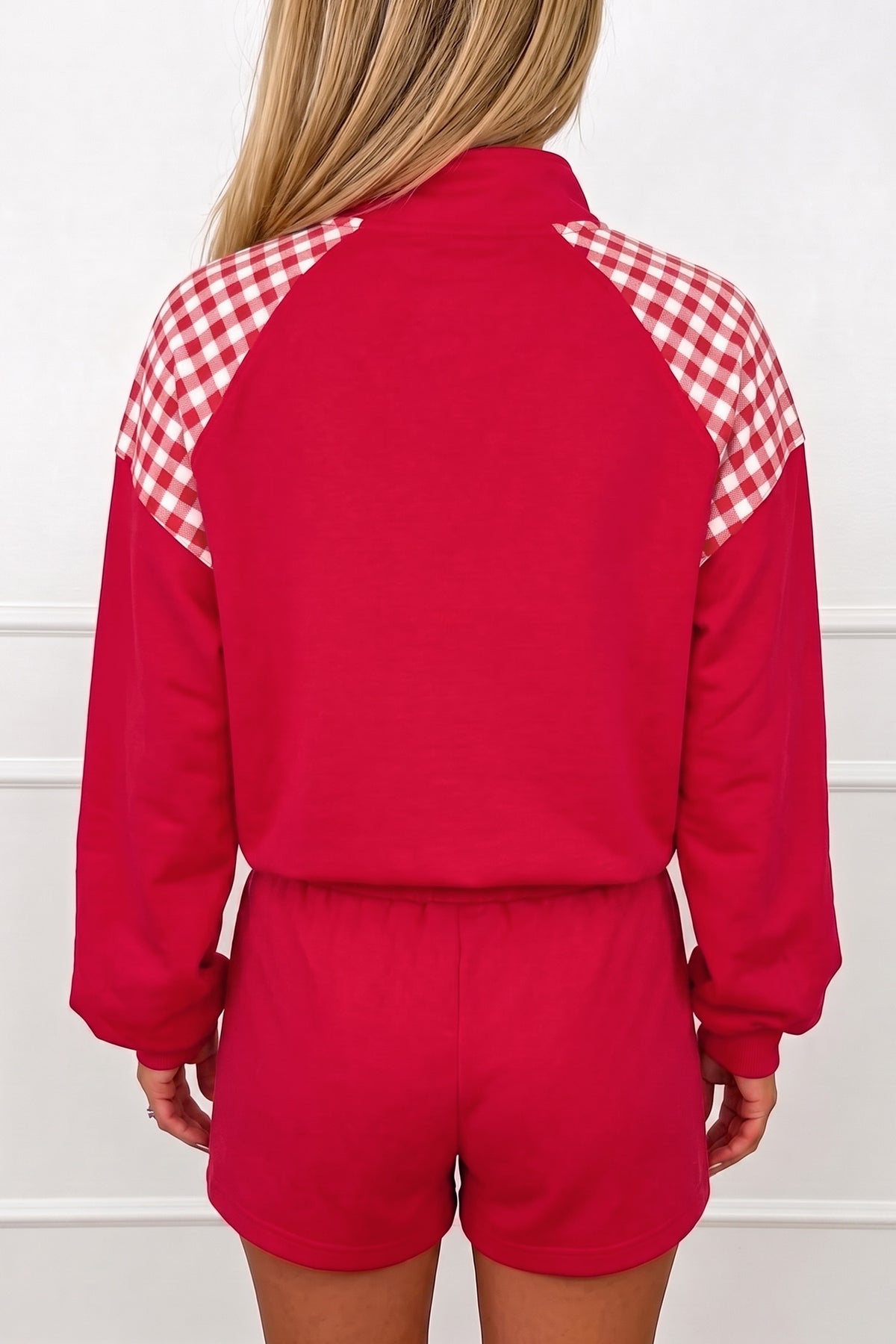 Fiery Red Plaid Patchwork Half Zip Pullover Drawstring Short Set