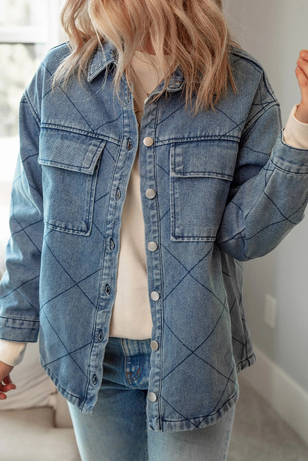 Black Rhombus Stitched Pattern Button Pocketed Denim Jacket
