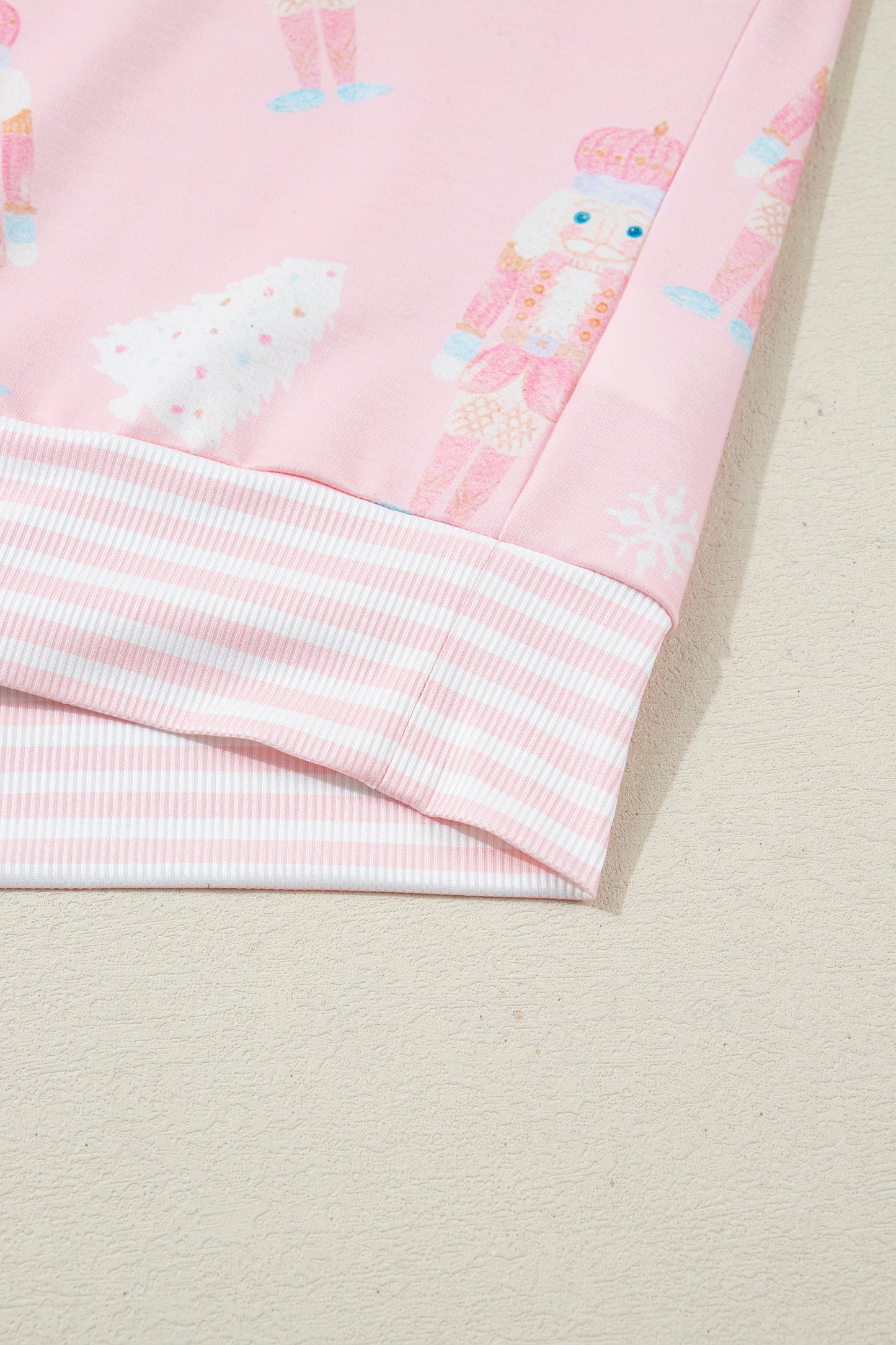 Pink Christmas Tree Nutcracker Doll Print Contrast Trim Long Sleeve Top Matching Shorts Set