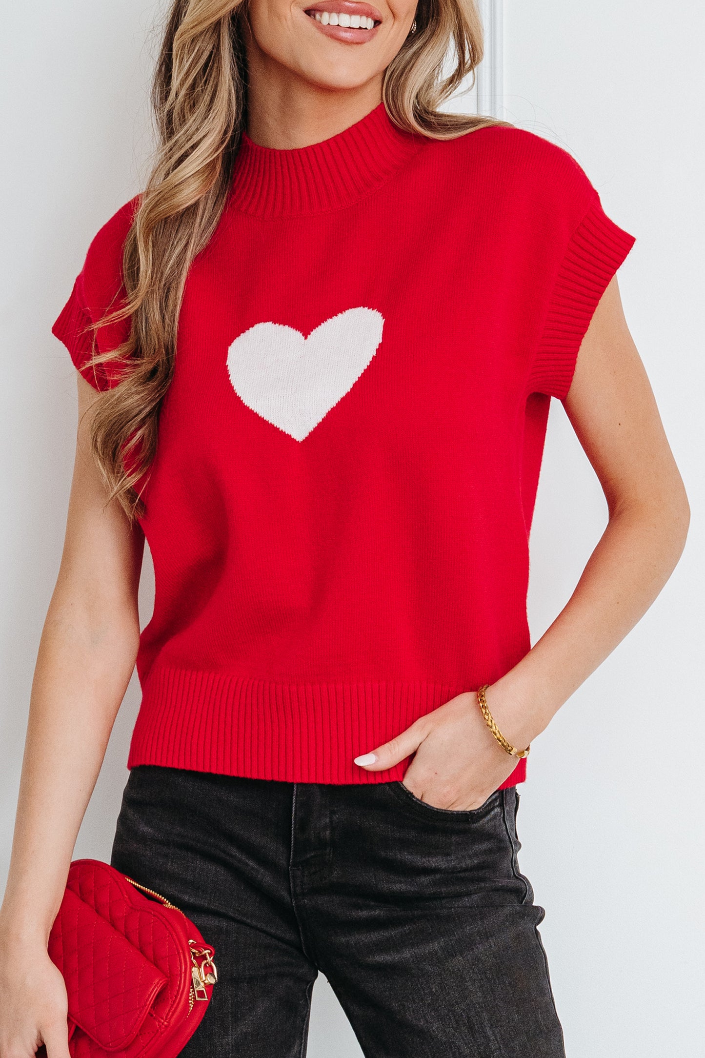 Fiery Red Valentine Heart Graphic Cropped Short Sleeve Sweater