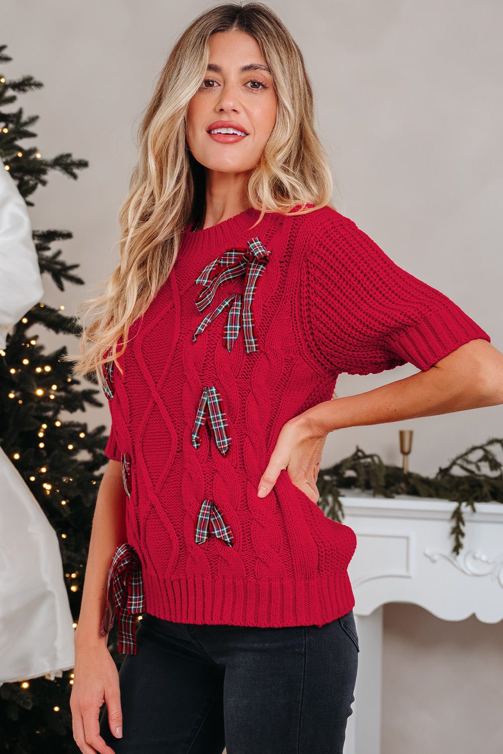 Plaid Lace up Detail Christmas Holiday Puff Short Sleeve Sweater