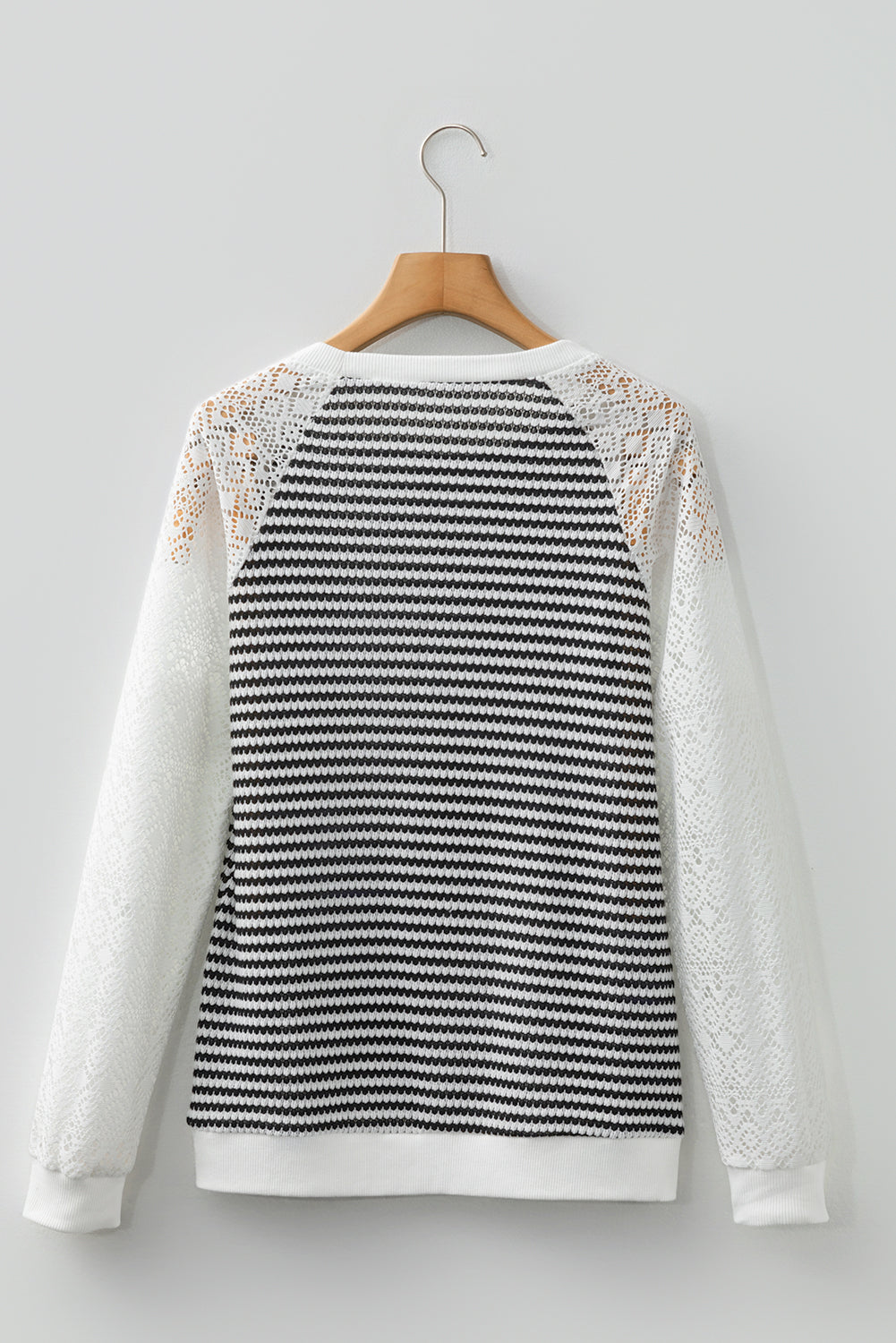 Stripe Textured Knit Contrast Hollowed Lace Patchwork Long Sleeve Top