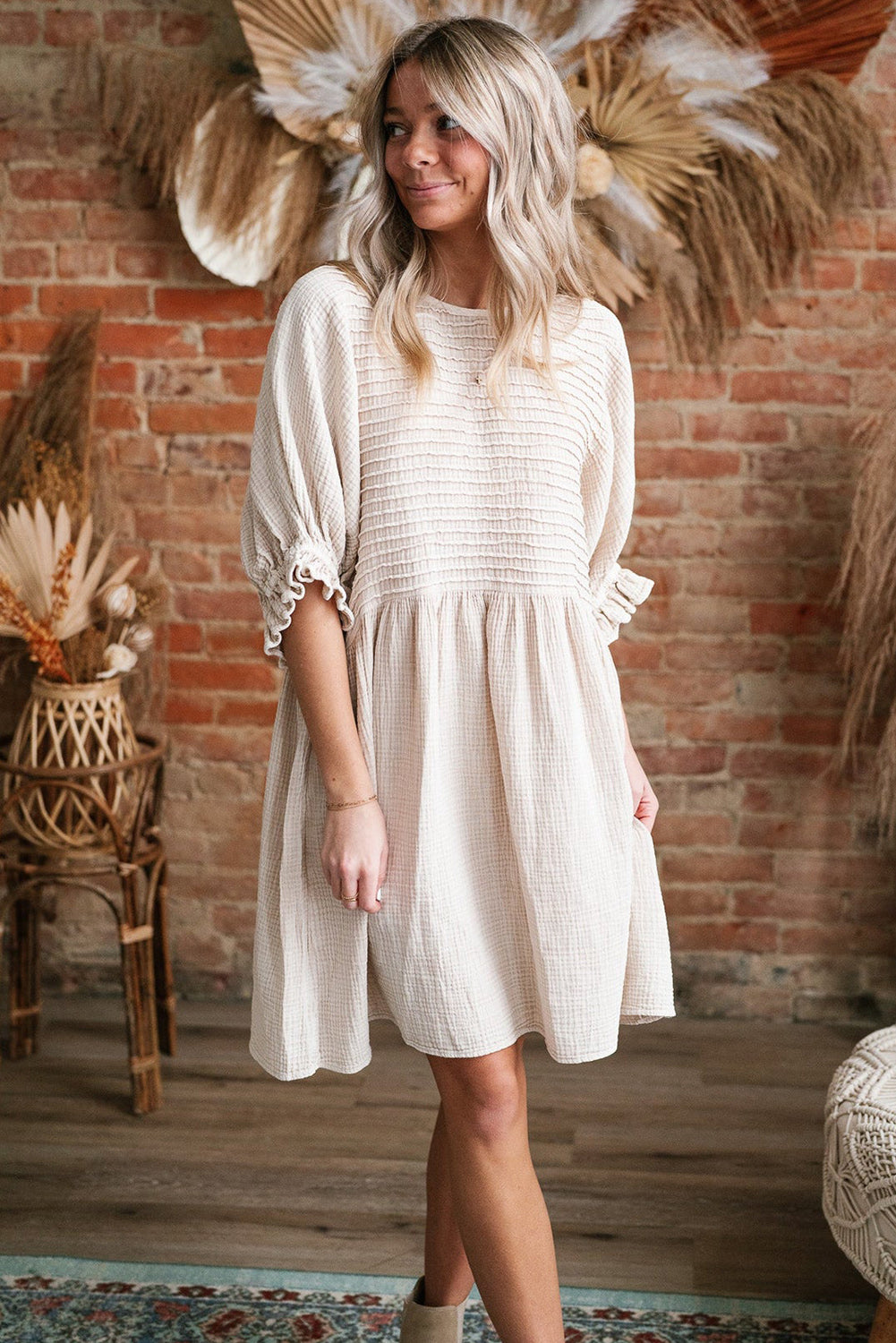 White Textured Ruffled Puff Sleeve Loose Dress