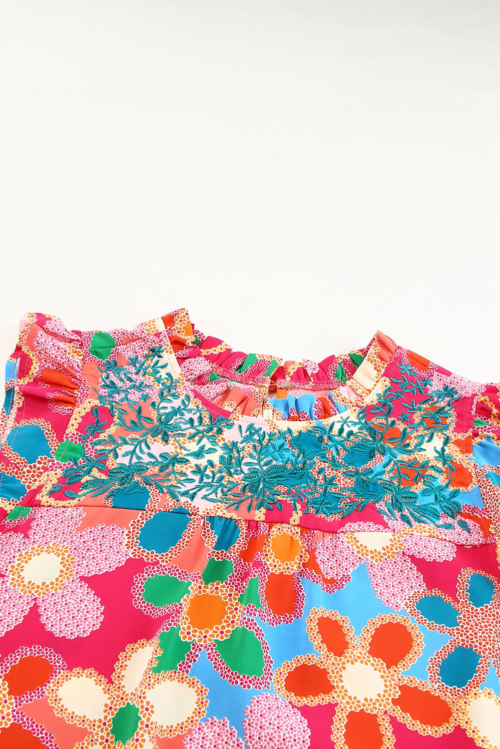 Embroidered Detail Floral Print Ruffle Trim Tank Top